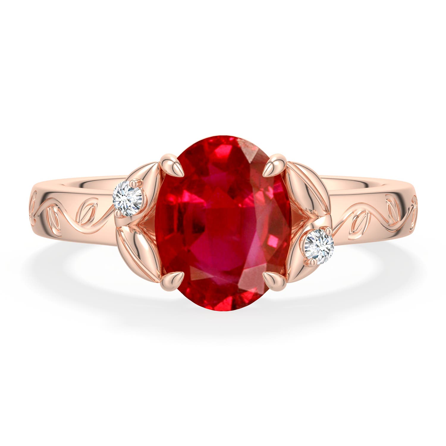 9x7mm AAA Oval Ruby Leaf Vine Engagement Ring in Rose Gold - main