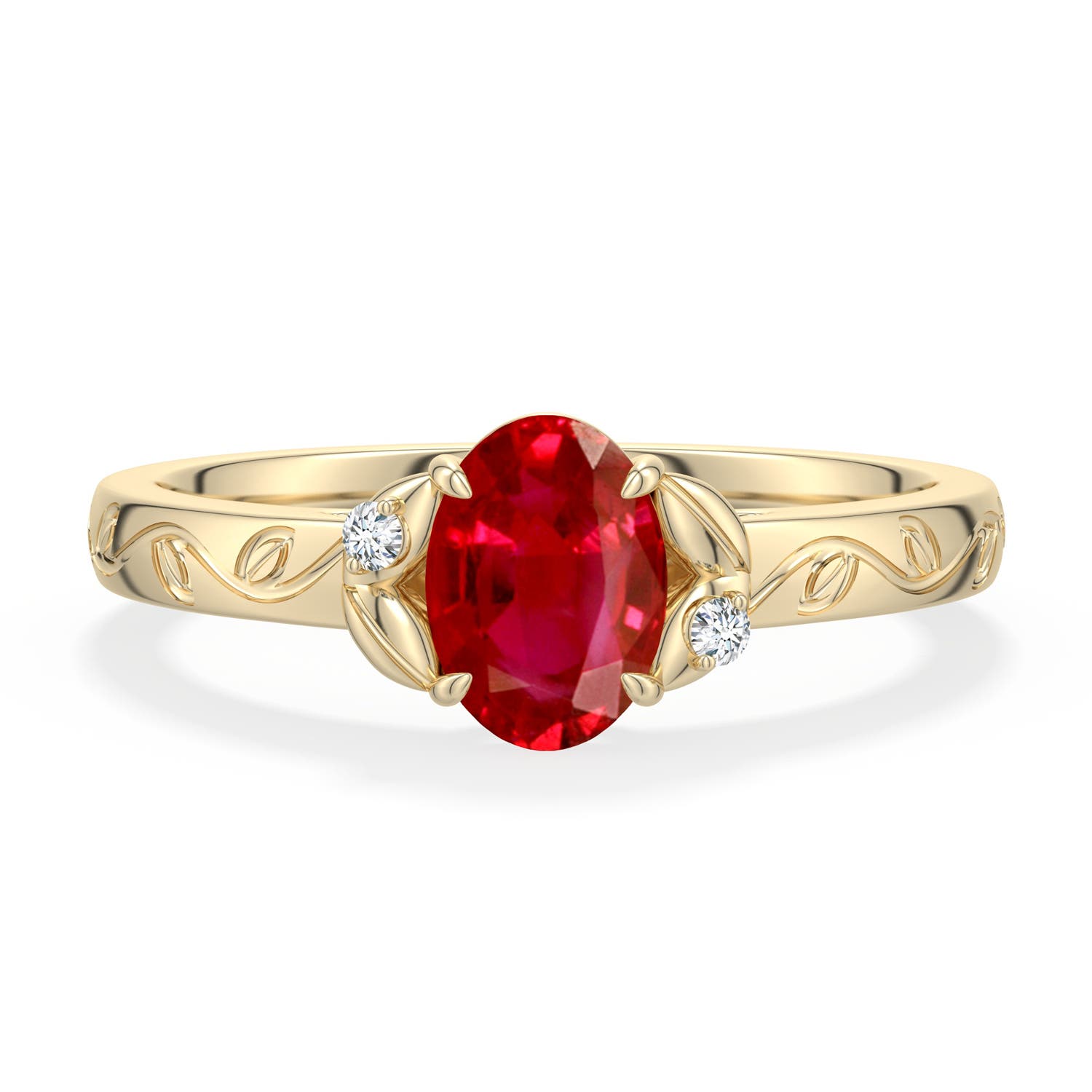 7x5mm AAA Oval Ruby Leaf Vine Engagement Ring in 18K Yellow Gold - main