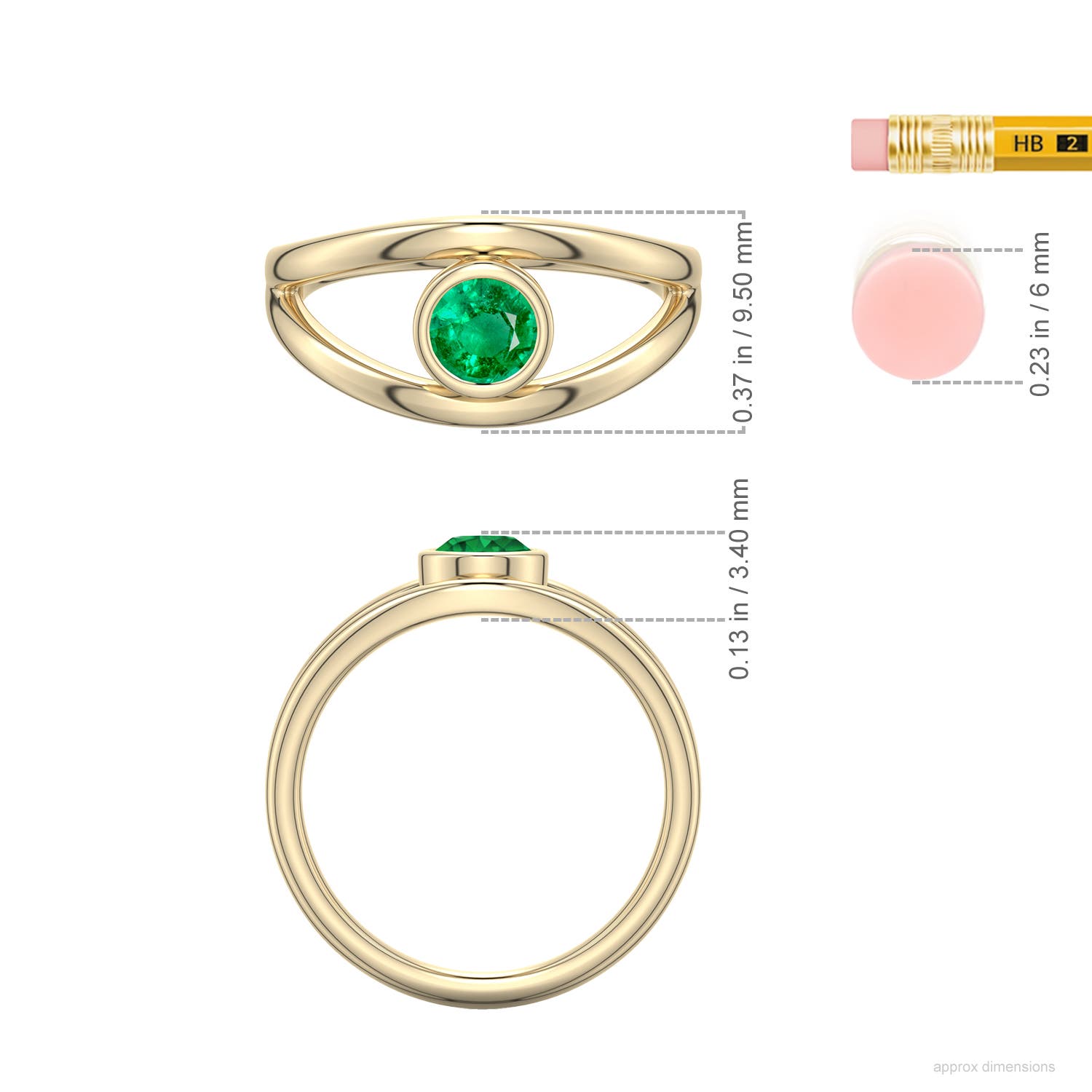 5mm AAA Round Emerald Bypass Split Shank Engagement Ring in Yellow Gold - ruler - ruler