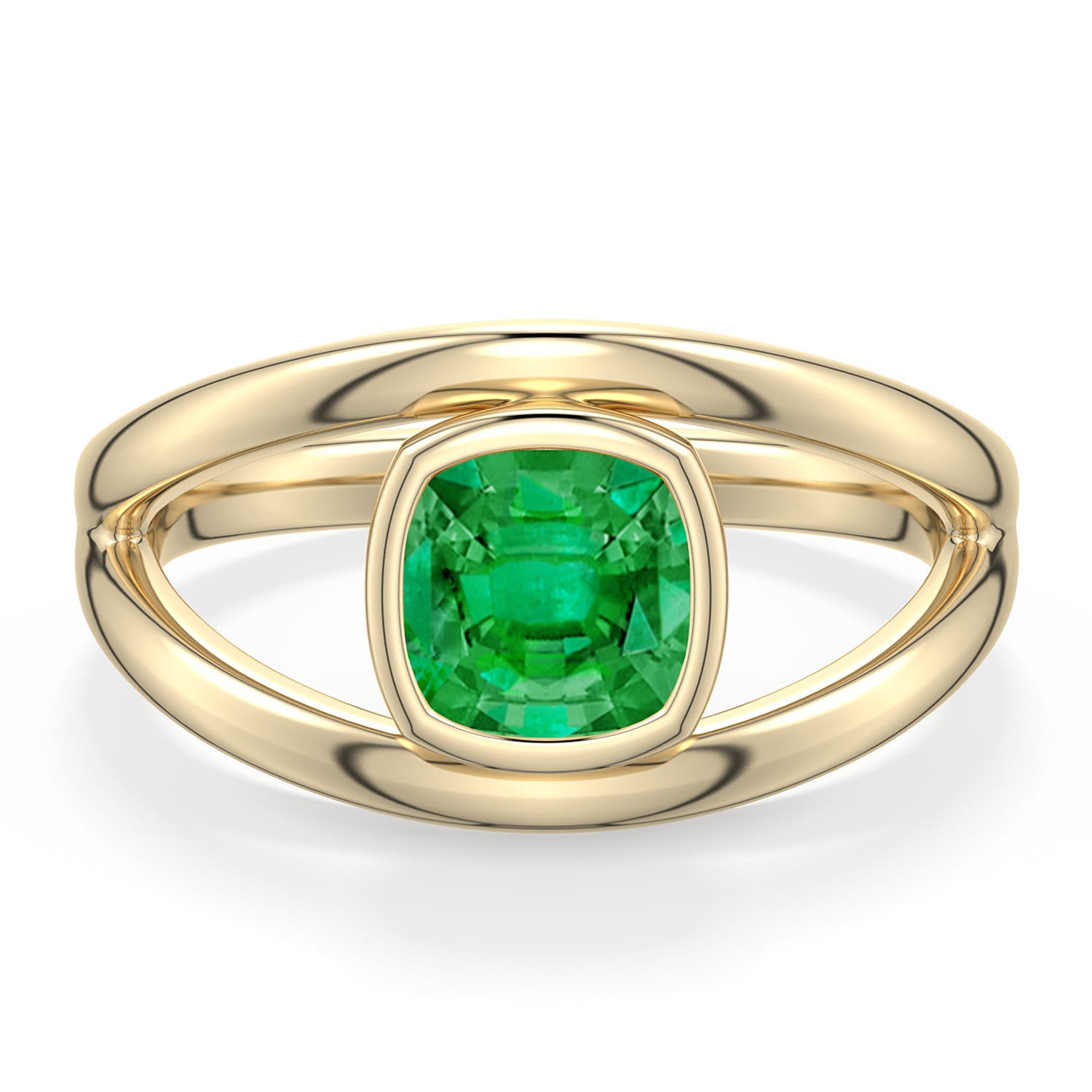 6mm AAA Cushion Emerald Bypass Split Shank Engagement Ring in Yellow Gold - main