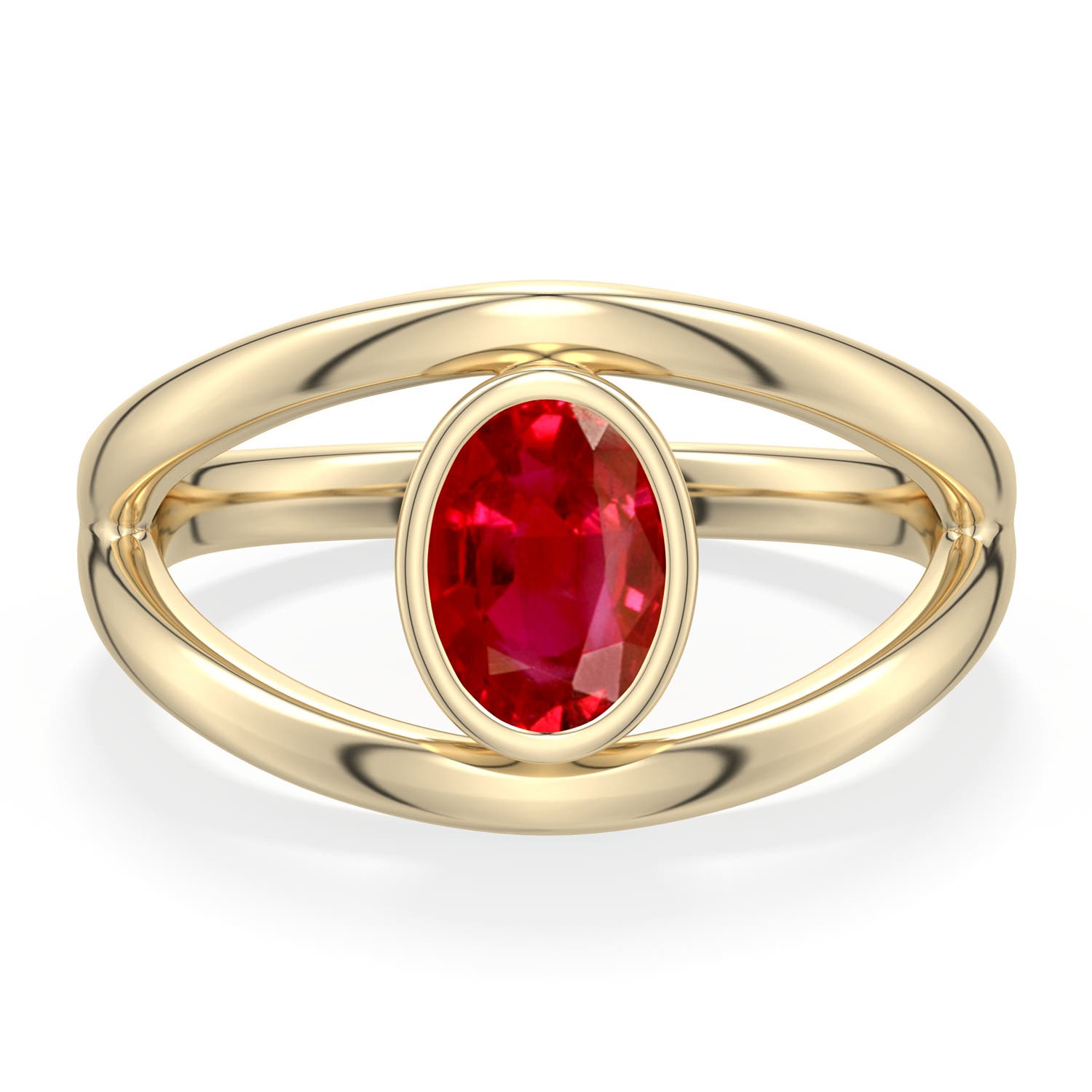 7x5mm AAA Oval Ruby Bypass Split Shank Engagement Ring in Yellow Gold - side 1