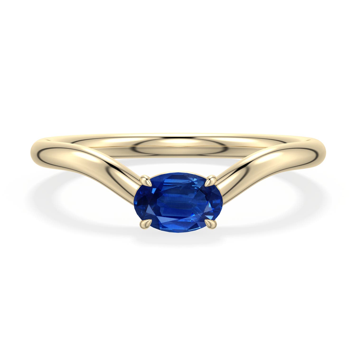 6x4mm AAA East-West Oval Blue Sapphire Curved Engagement Ring in Yellow Gold - main