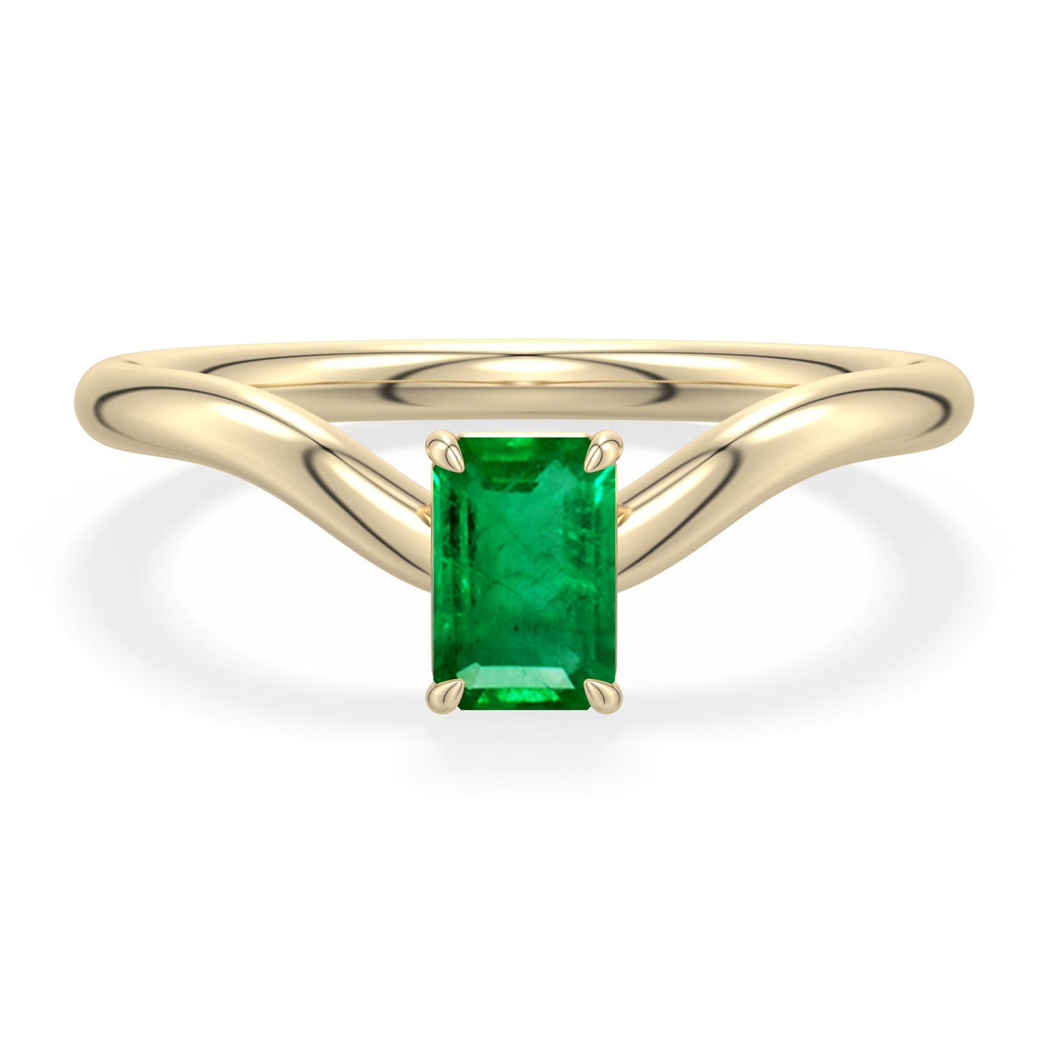 6x4mm AAA Emerald-Cut Emerald Curved Shank Engagement Ring in Yellow Gold - main