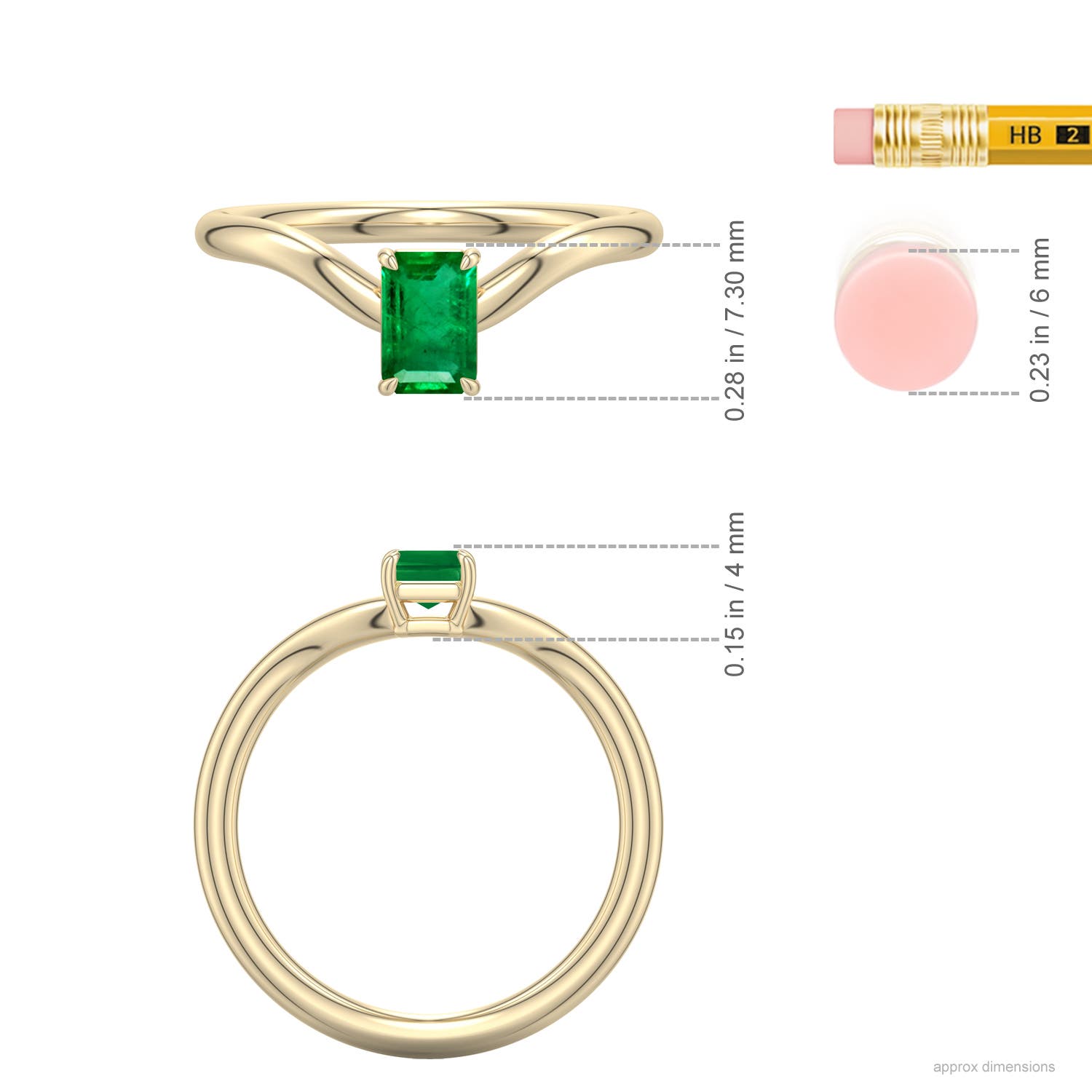 6x4mm AAA Emerald-Cut Emerald Curved Shank Engagement Ring in Yellow Gold - ruler - ruler