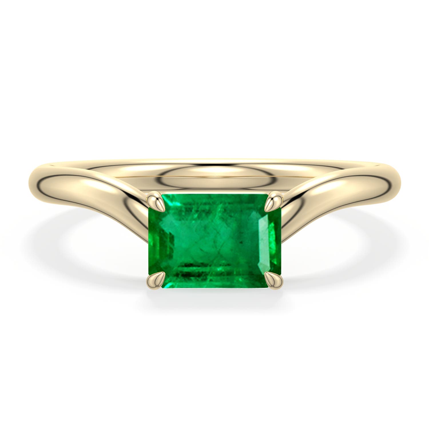 7x5mm AAA East-West Emerald-Cut Emerald Curved Engagement Ring in Yellow Gold - main