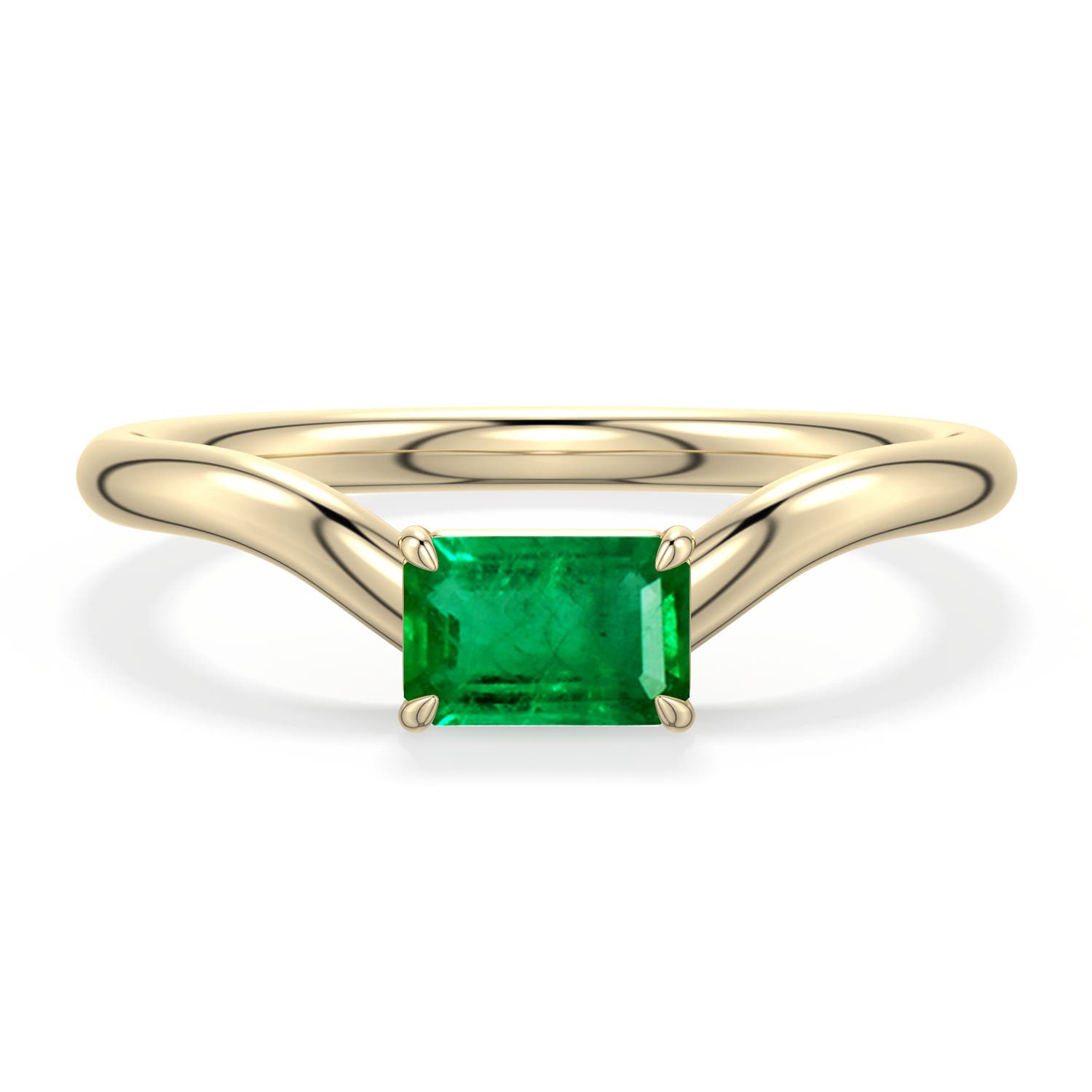 6x4mm AAA East-West Emerald-Cut Emerald Curved Engagement Ring in 18K Yellow Gold - main