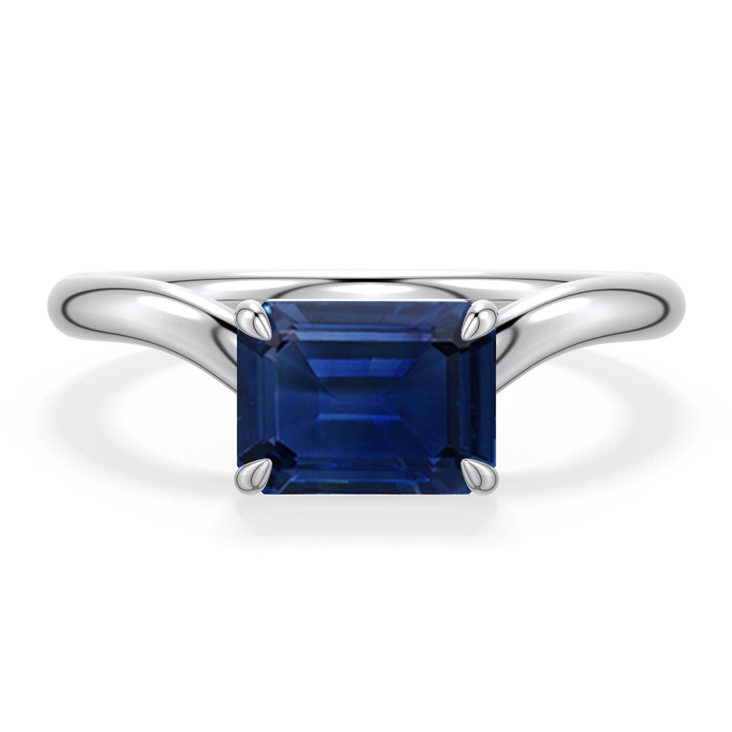 8x6mm AAA East-West Emerald-Cut Blue Sapphire Curved Engagement Ring in White Gold - main
