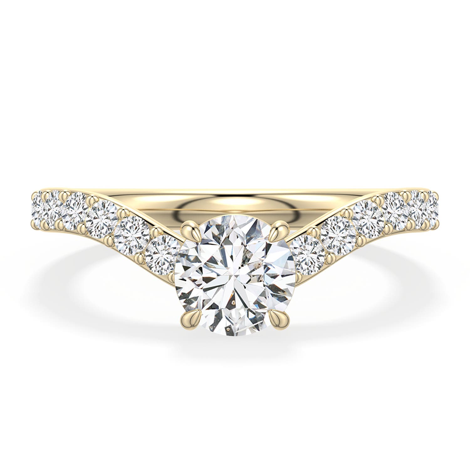 5.9mm HSI2 Round Diamond Curved Engagement Ring with Accents in Yellow Gold - main