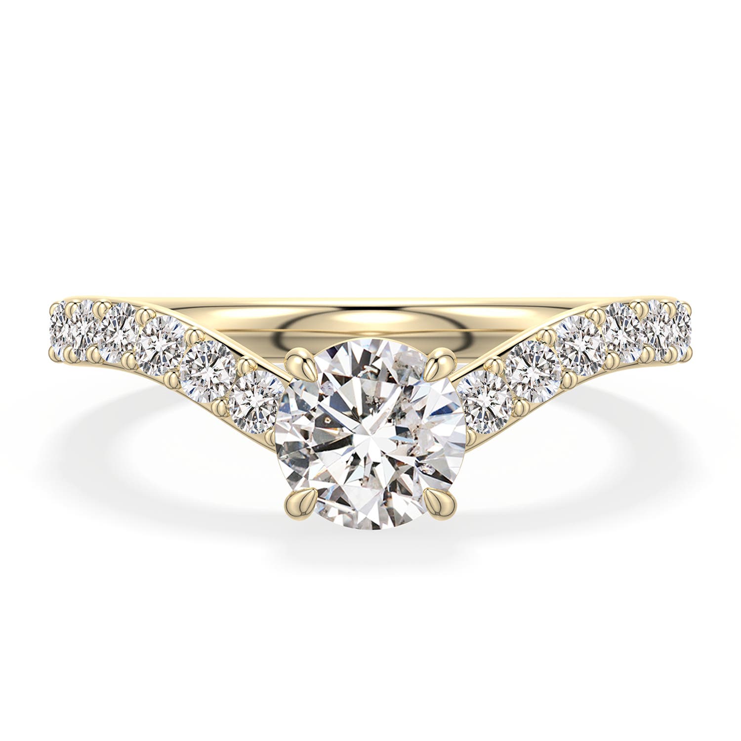 5.9mm IJI1I2 Round Diamond Curved Engagement Ring with Accents in Yellow Gold - main