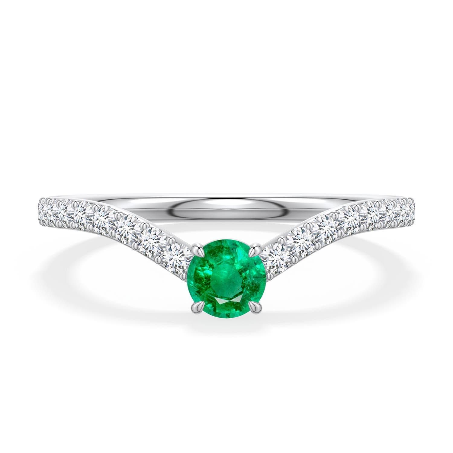 4mm AAA Round Emerald Curved Engagement Ring with Accents in White Gold - main