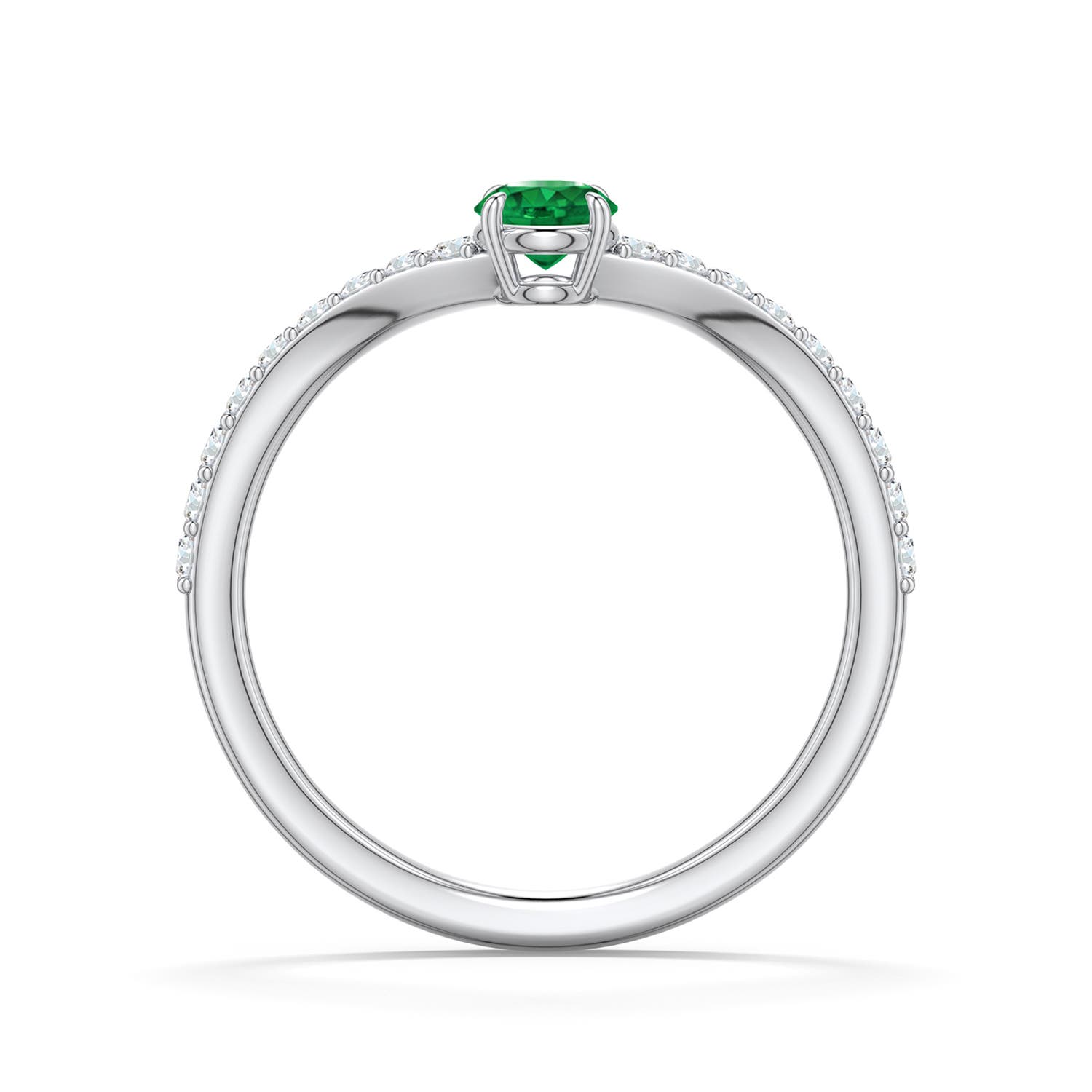 4mm AAA Round Emerald Curved Engagement Ring with Accents in White Gold - side 1