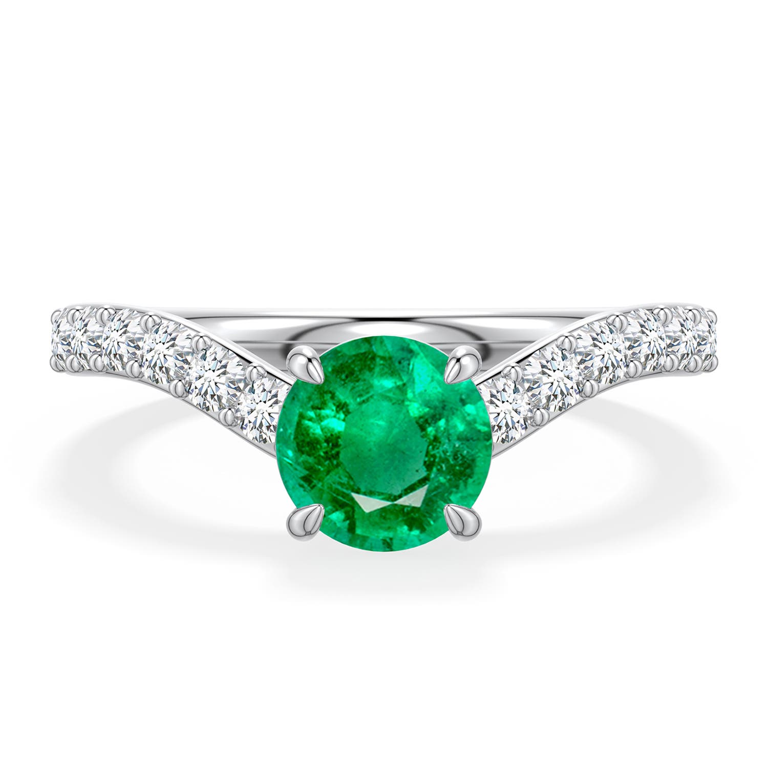 6.5mm AAA Round Emerald Curved Engagement Ring with Accents in White Gold - main