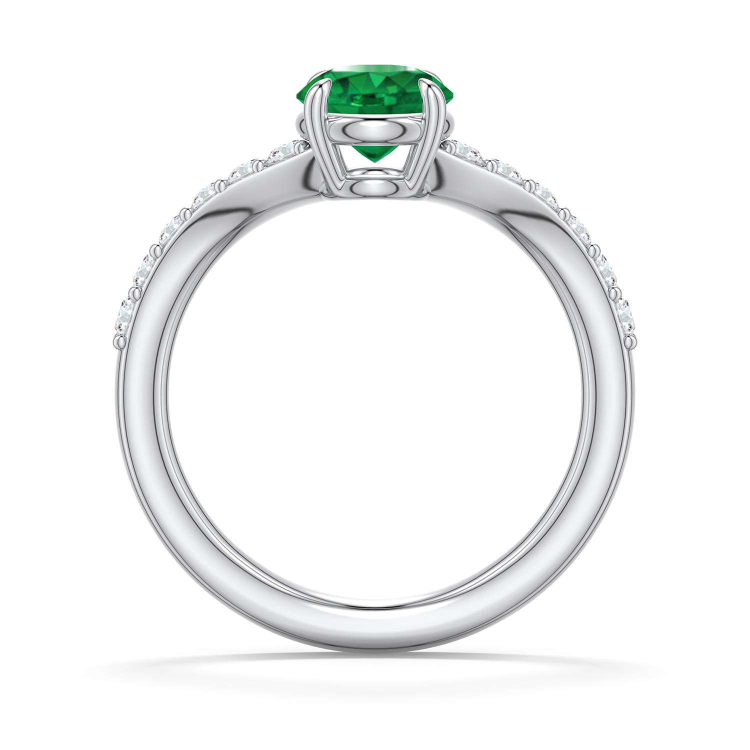 6.5mm AAA Round Emerald Curved Engagement Ring with Accents in White Gold - side 1
