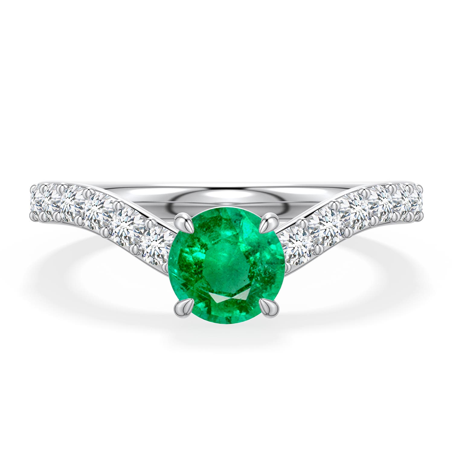 6mm AAA Round Emerald Curved Engagement Ring with Accents in White Gold - main