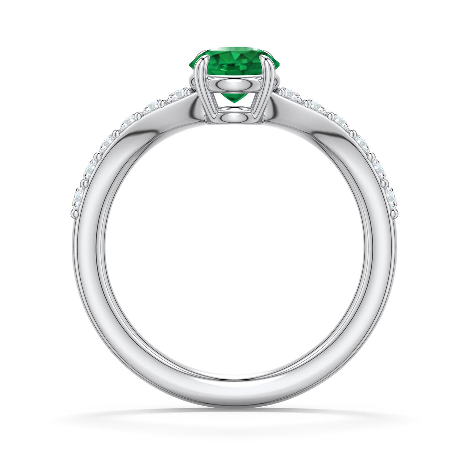 6mm AAA Round Emerald Curved Engagement Ring with Accents in White Gold - side 1