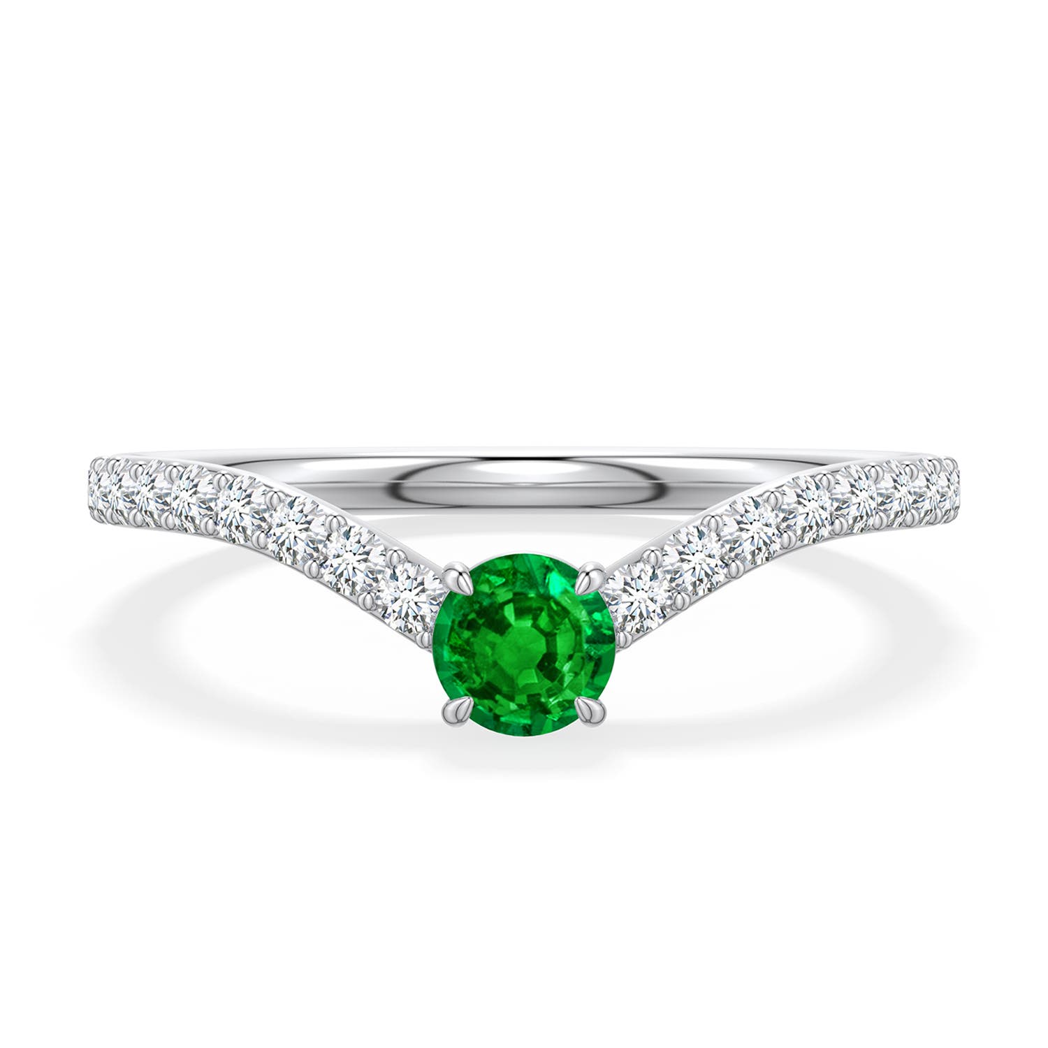 4mm AAAA Round Emerald Curved Engagement Ring with Accents in White Gold - main