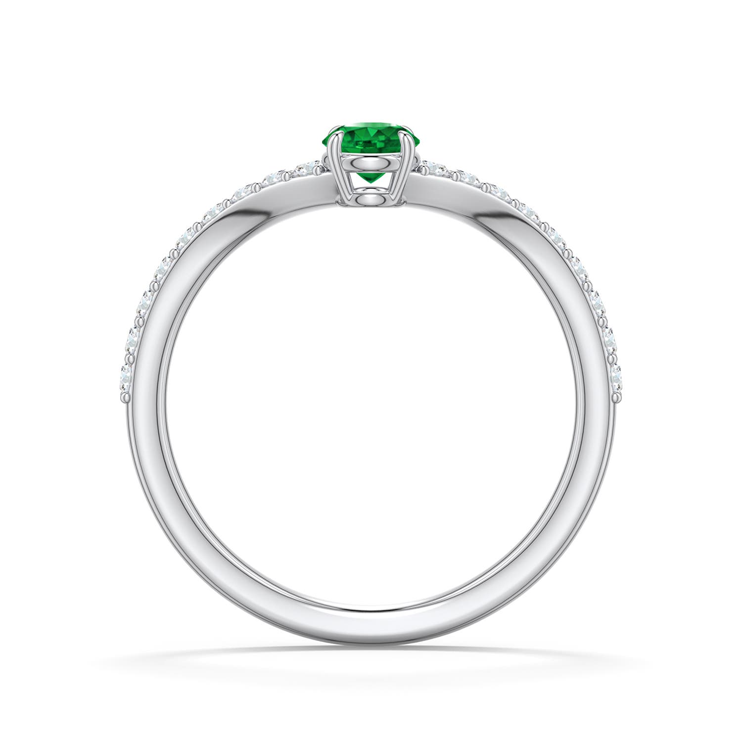 4mm AAAA Round Emerald Curved Engagement Ring with Accents in White Gold - side 1