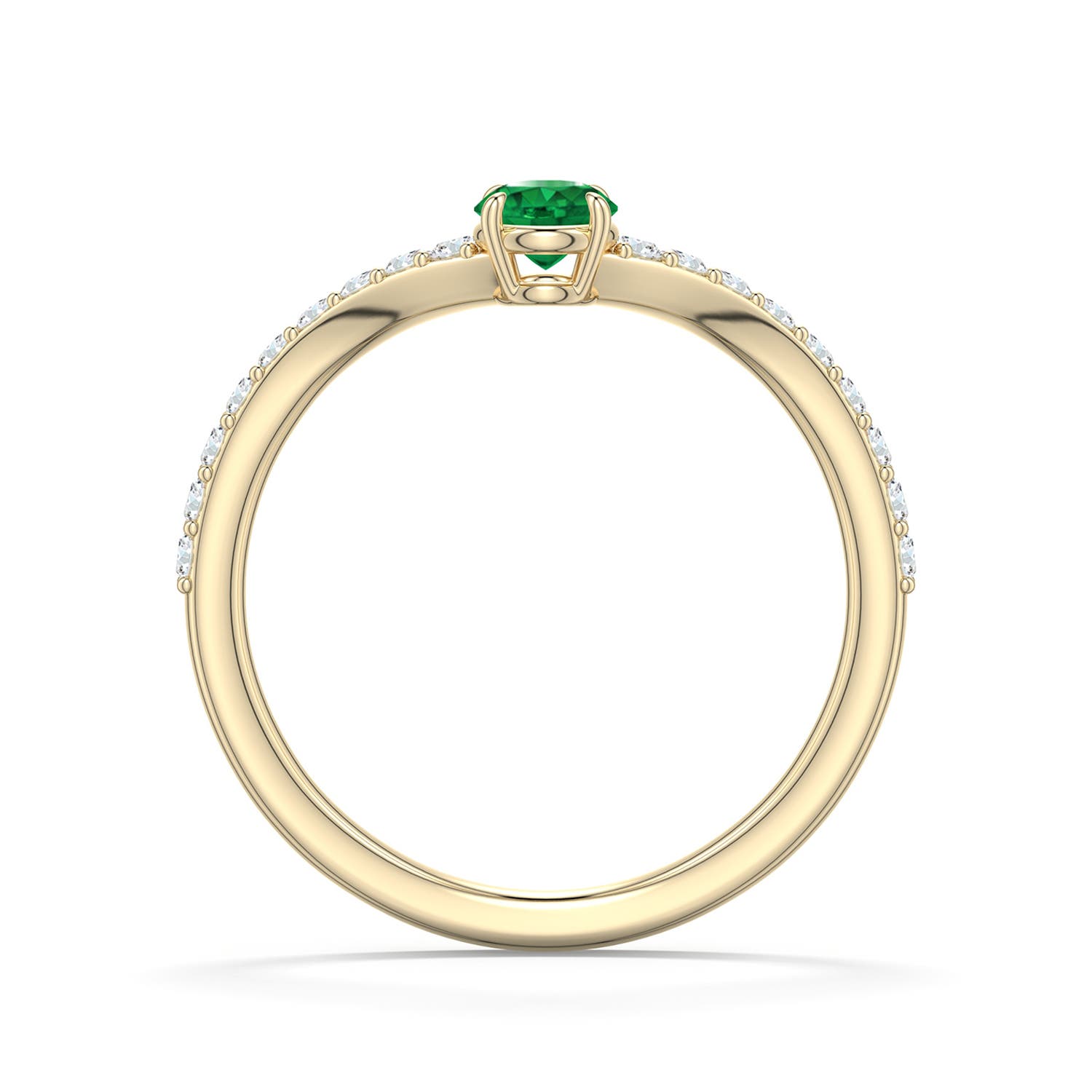 4mm AAA Round Emerald Curved Engagement Ring with Accents in Yellow Gold - side 1 - side 2