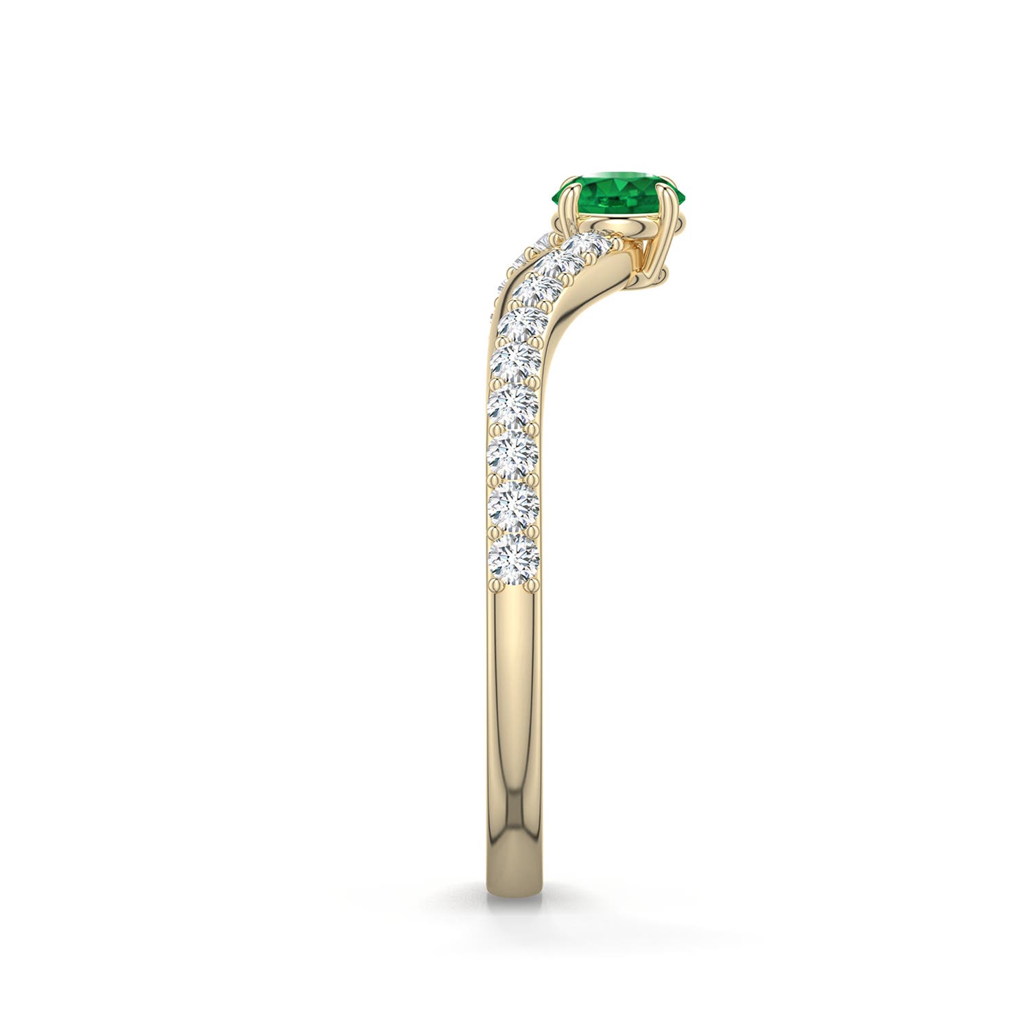 4mm AAA Round Emerald Curved Engagement Ring with Accents in Yellow Gold - side 2 - side 3