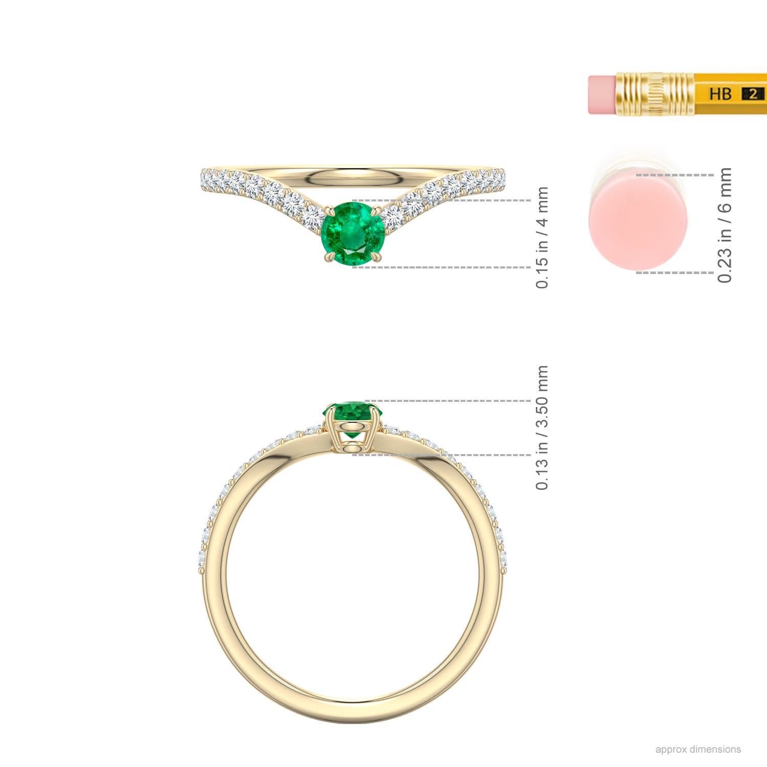 4mm AAA Round Emerald Curved Engagement Ring with Accents in Yellow Gold - ruler - ruler