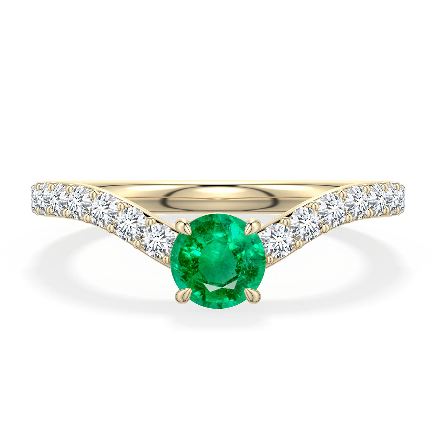 5mm AAA Round Emerald Curved Engagement Ring with Accents in Yellow Gold - main