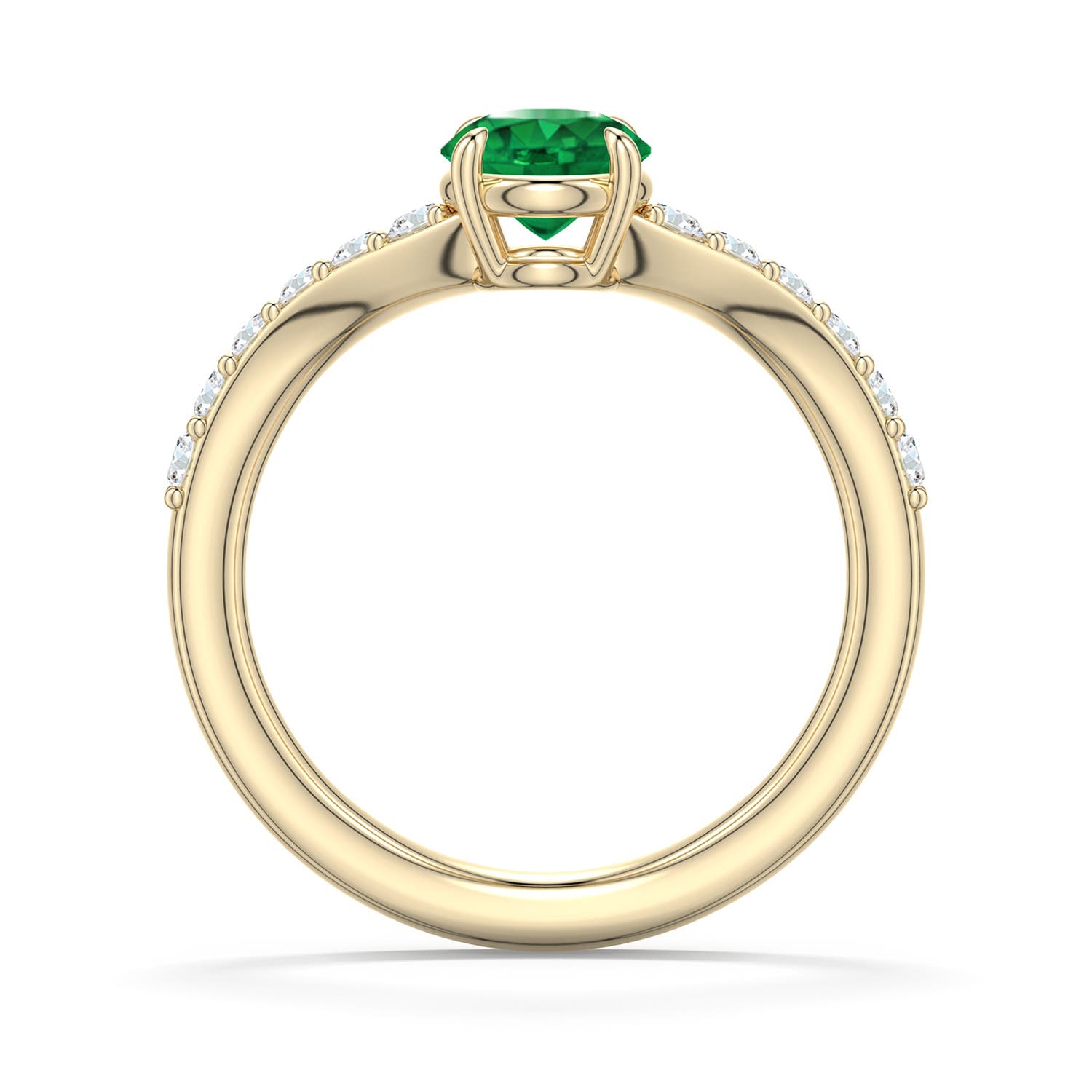 6mm AAA Round Emerald Curved Engagement Ring with Accents in Yellow Gold - side 1