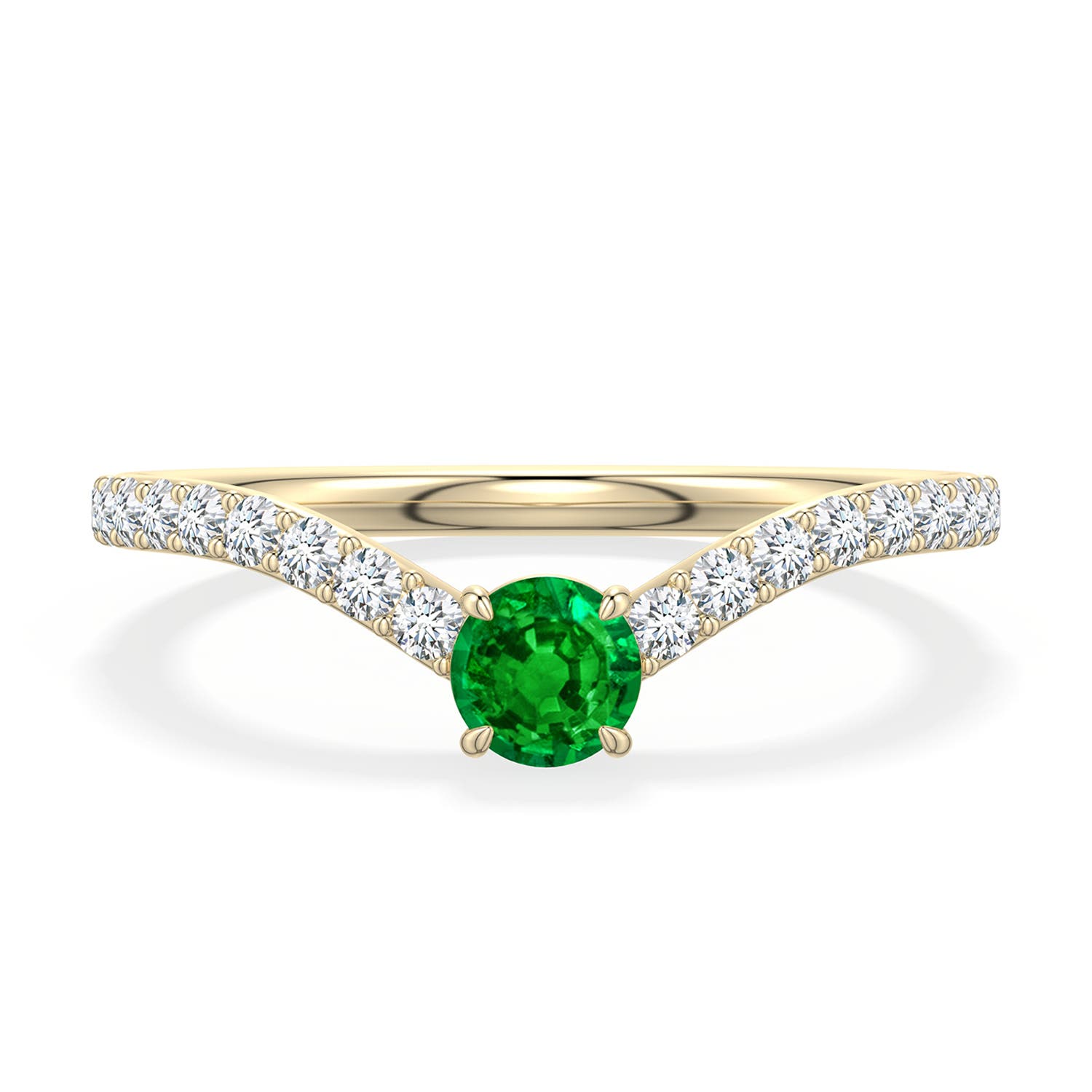 4mm AAAA Round Emerald Curved Engagement Ring with Accents in Yellow Gold - main