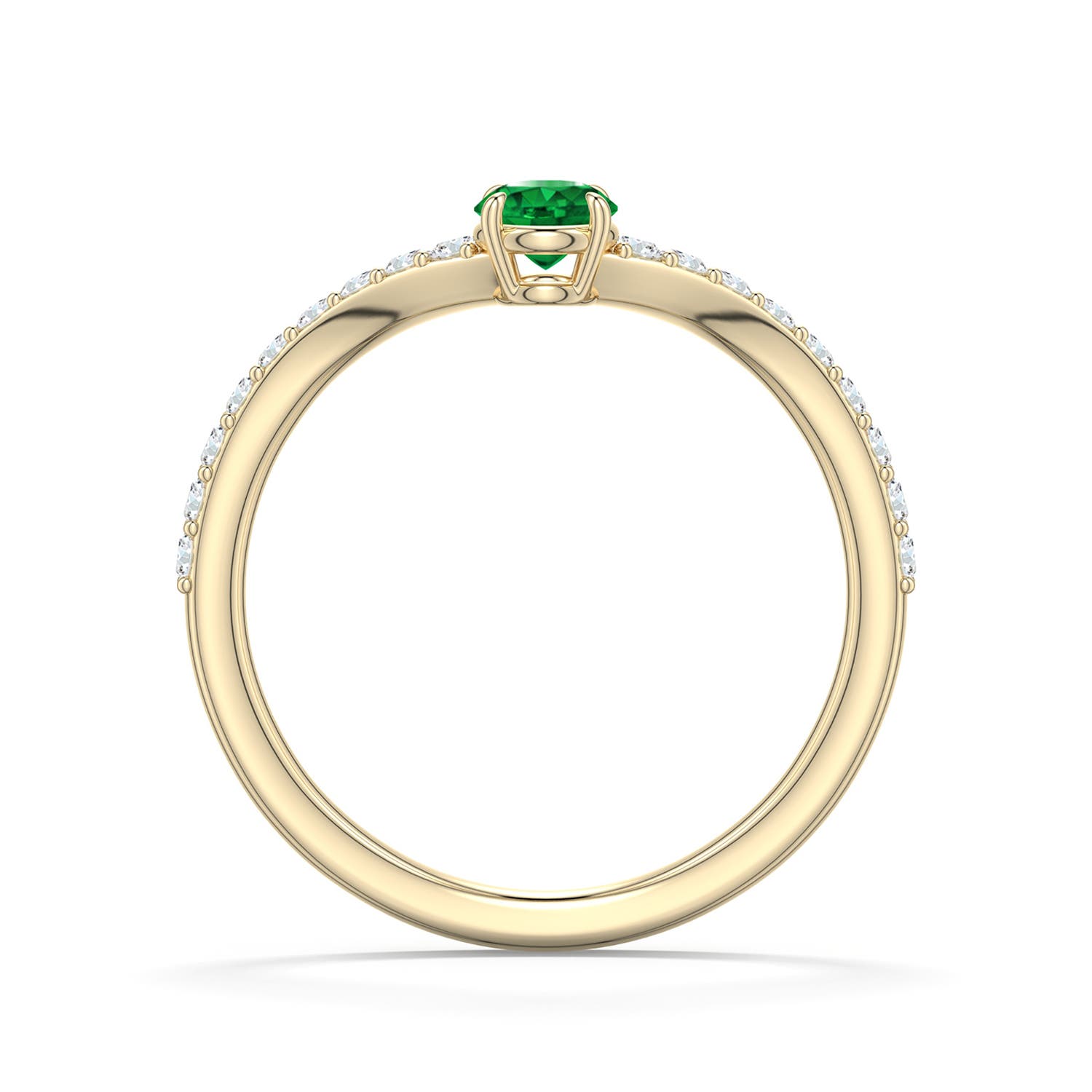 4mm AAAA Round Emerald Curved Engagement Ring with Accents in Yellow Gold - side 1