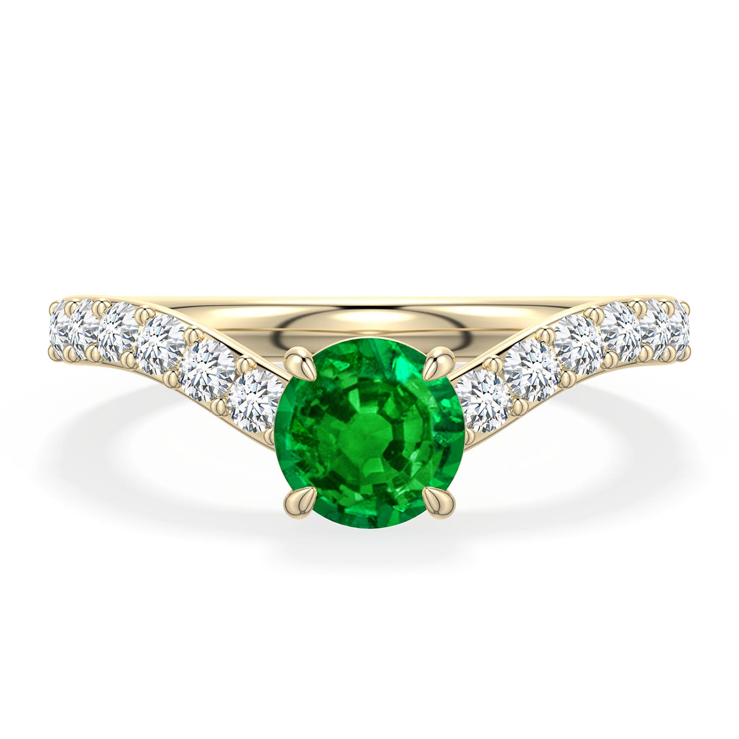 6mm AAAA Round Emerald Curved Engagement Ring with Accents in Yellow Gold - main