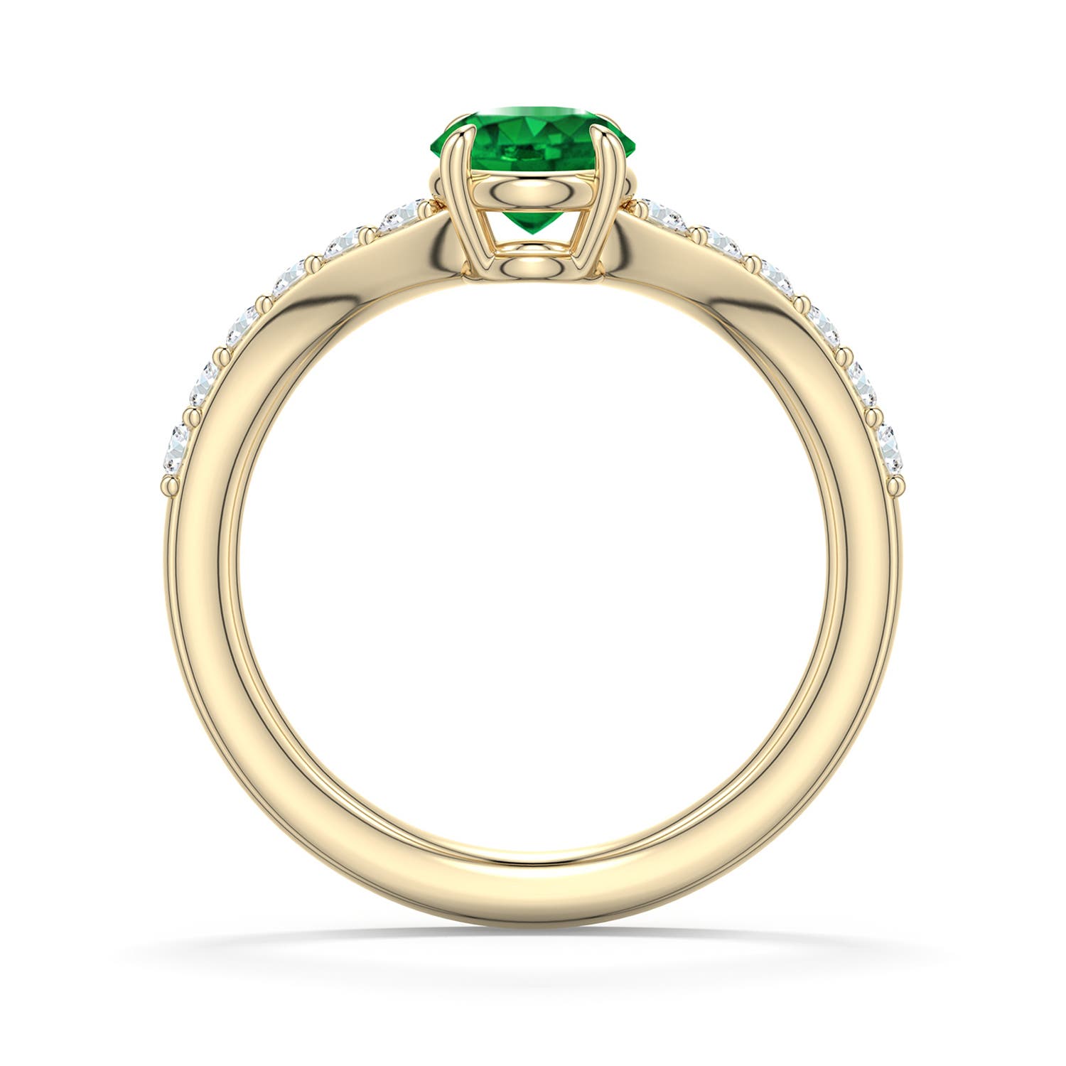 6mm AAAA Round Emerald Curved Engagement Ring with Accents in Yellow Gold - side 1