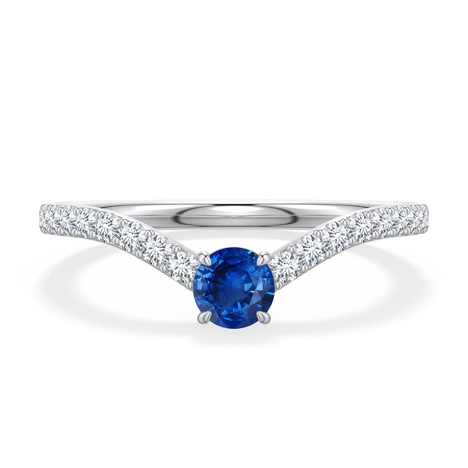 4mm AAA Round Blue Sapphire Curved Engagement Ring with Accents in White Gold - main
