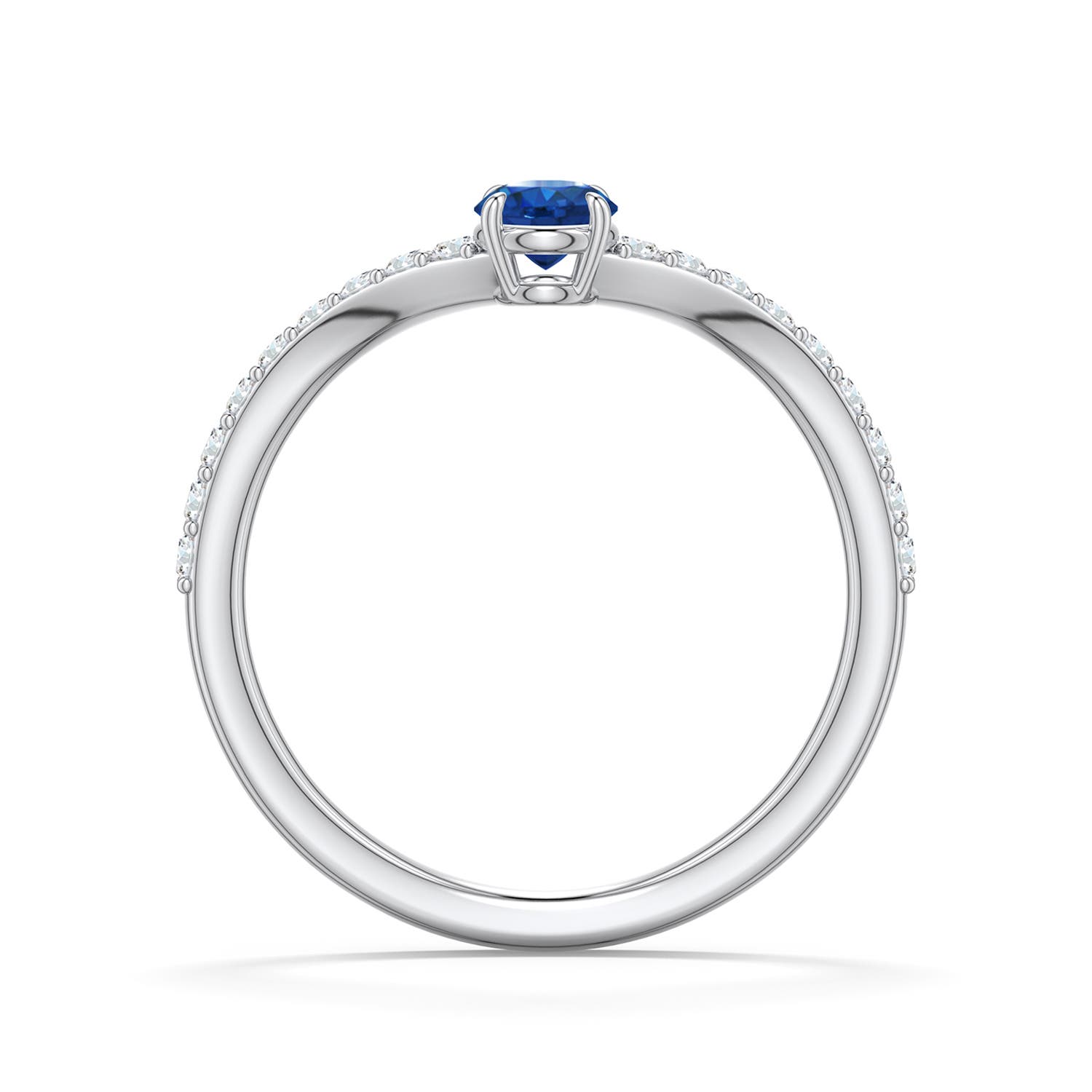 4mm AAA Round Blue Sapphire Curved Engagement Ring with Accents in White Gold - side 1 - side 2