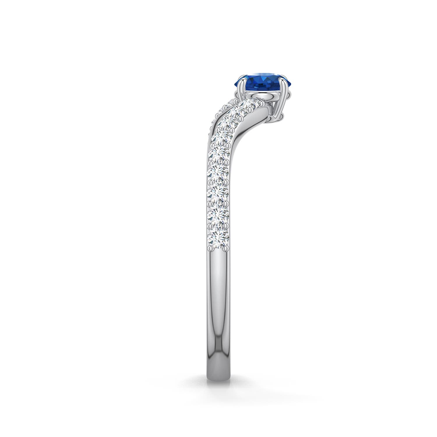 4mm AAA Round Blue Sapphire Curved Engagement Ring with Accents in White Gold - side 2 - side 3