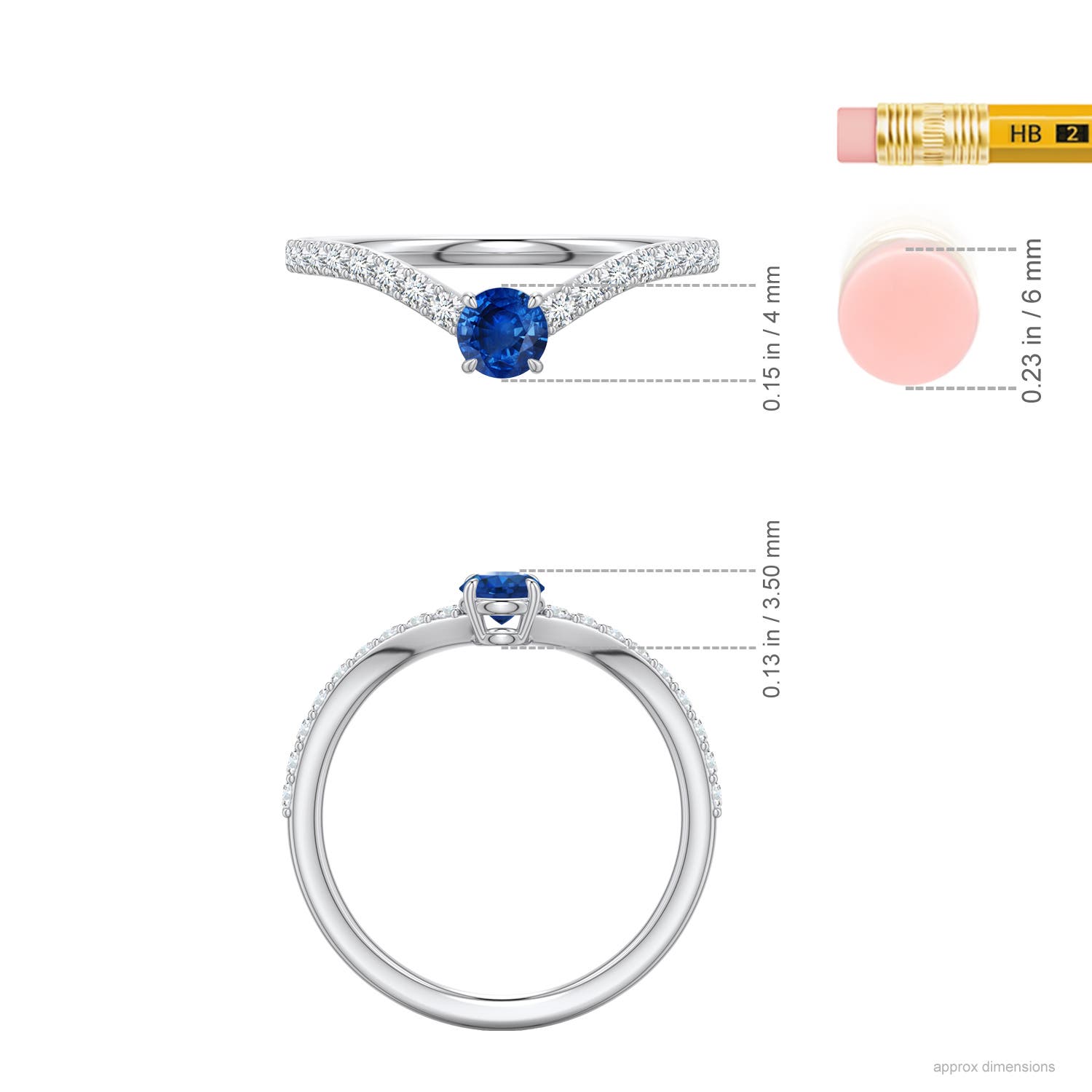 4mm AAA Round Blue Sapphire Curved Engagement Ring with Accents in White Gold - ruler - ruler