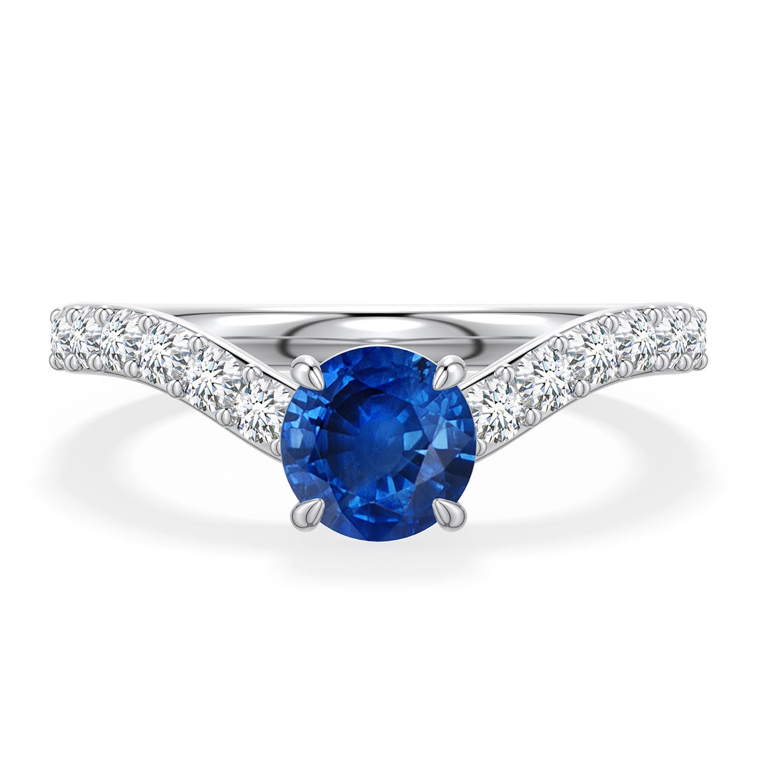 6mm AAA Round Blue Sapphire Curved Engagement Ring with Accents in White Gold - main