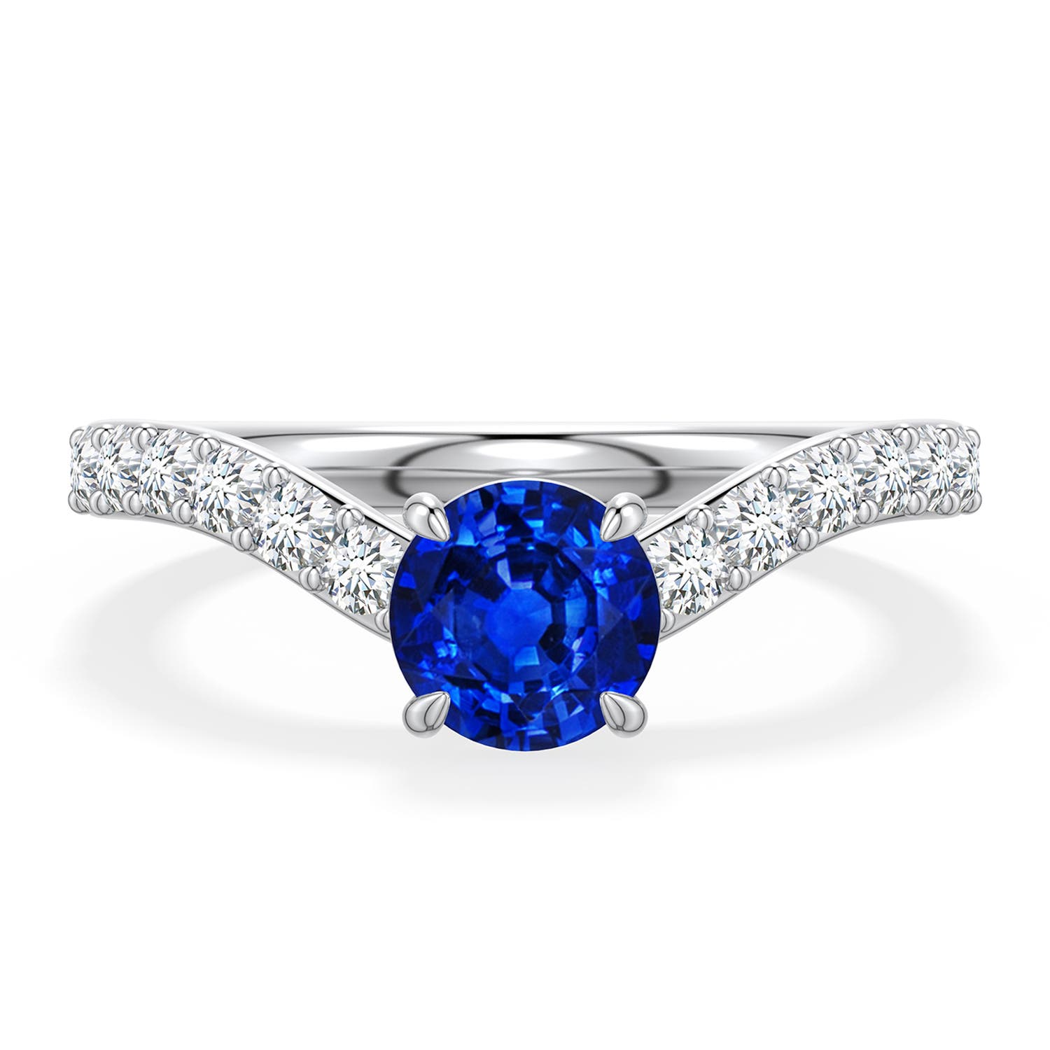 6mm AAAA Round Blue Sapphire Curved Engagement Ring with Accents in White Gold - main