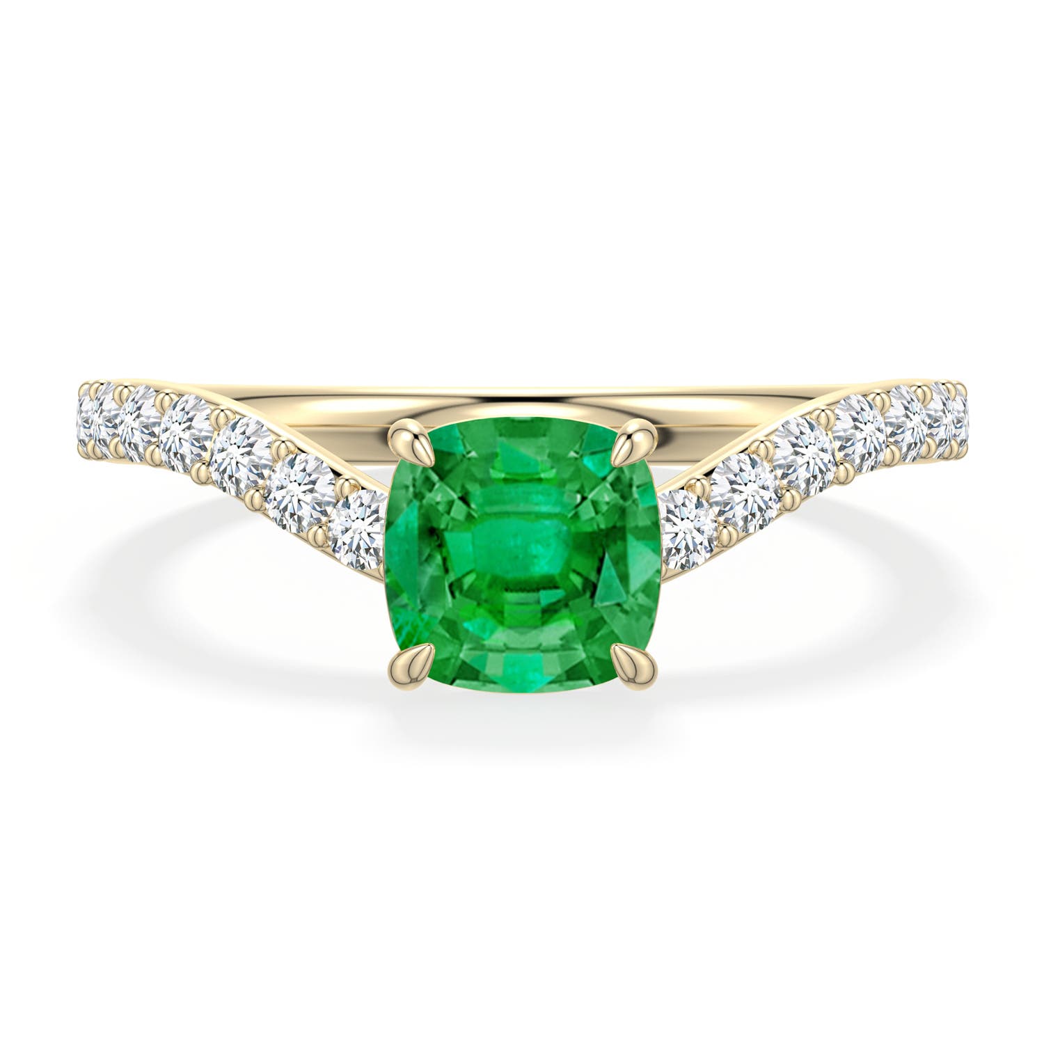 6mm AAA Cushion Emerald Curved Engagement Ring with Accents in Yellow Gold - main