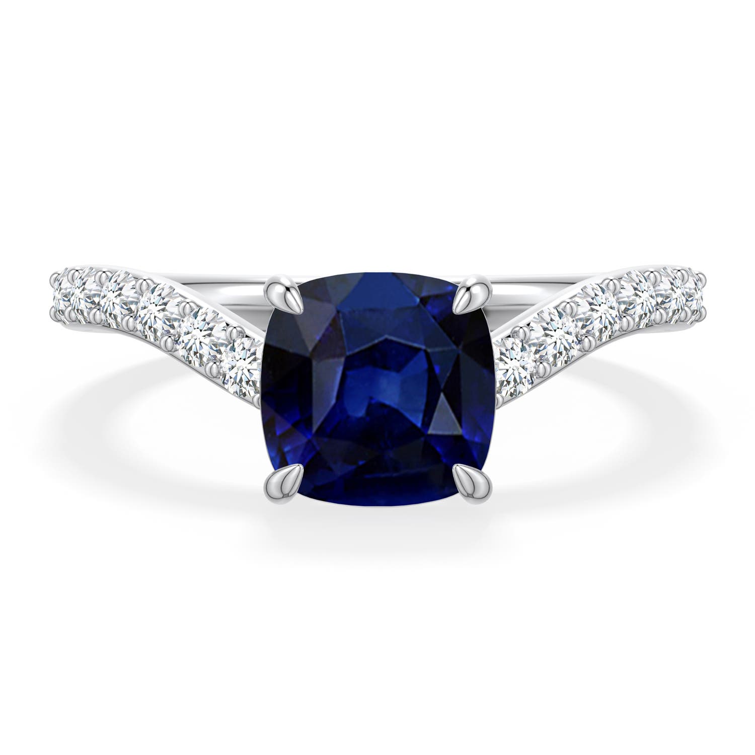 7mm AAA Cushion Blue Sapphire Curved Engagement Ring with Accents in White Gold - main