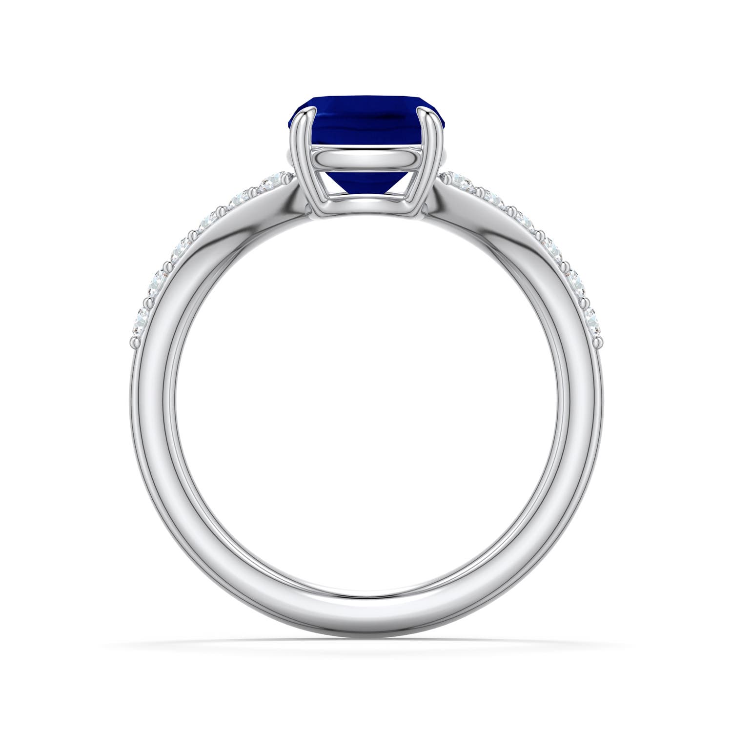7mm AAA Cushion Blue Sapphire Curved Engagement Ring with Accents in White Gold - side 1