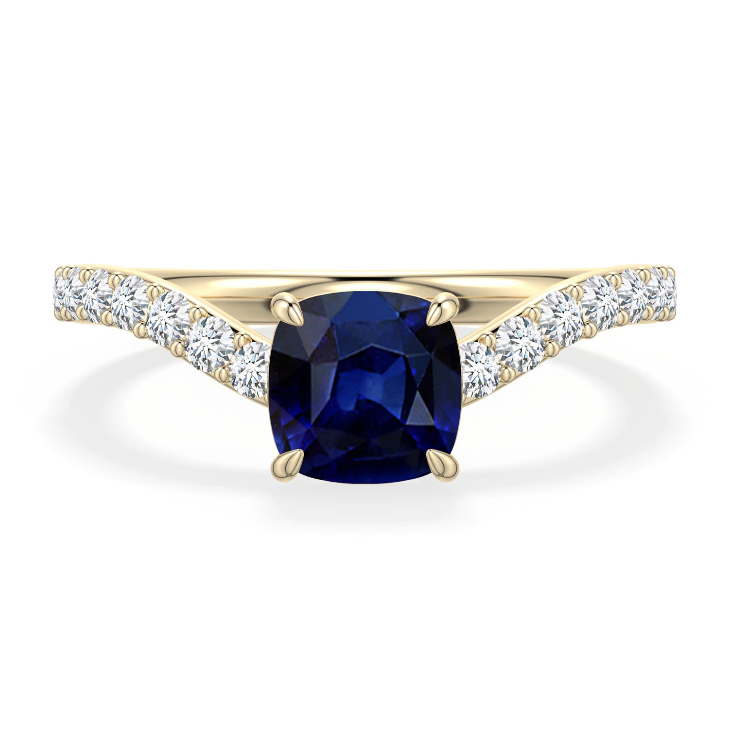 6mm AAA Cushion Blue Sapphire Curved Engagement Ring with Accents in Yellow Gold - main