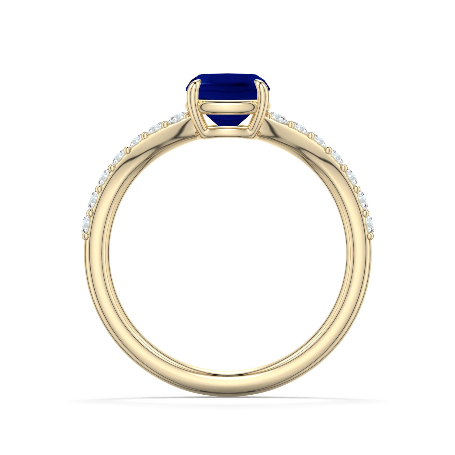 6mm AAA Cushion Blue Sapphire Curved Engagement Ring with Accents in Yellow Gold - side 1