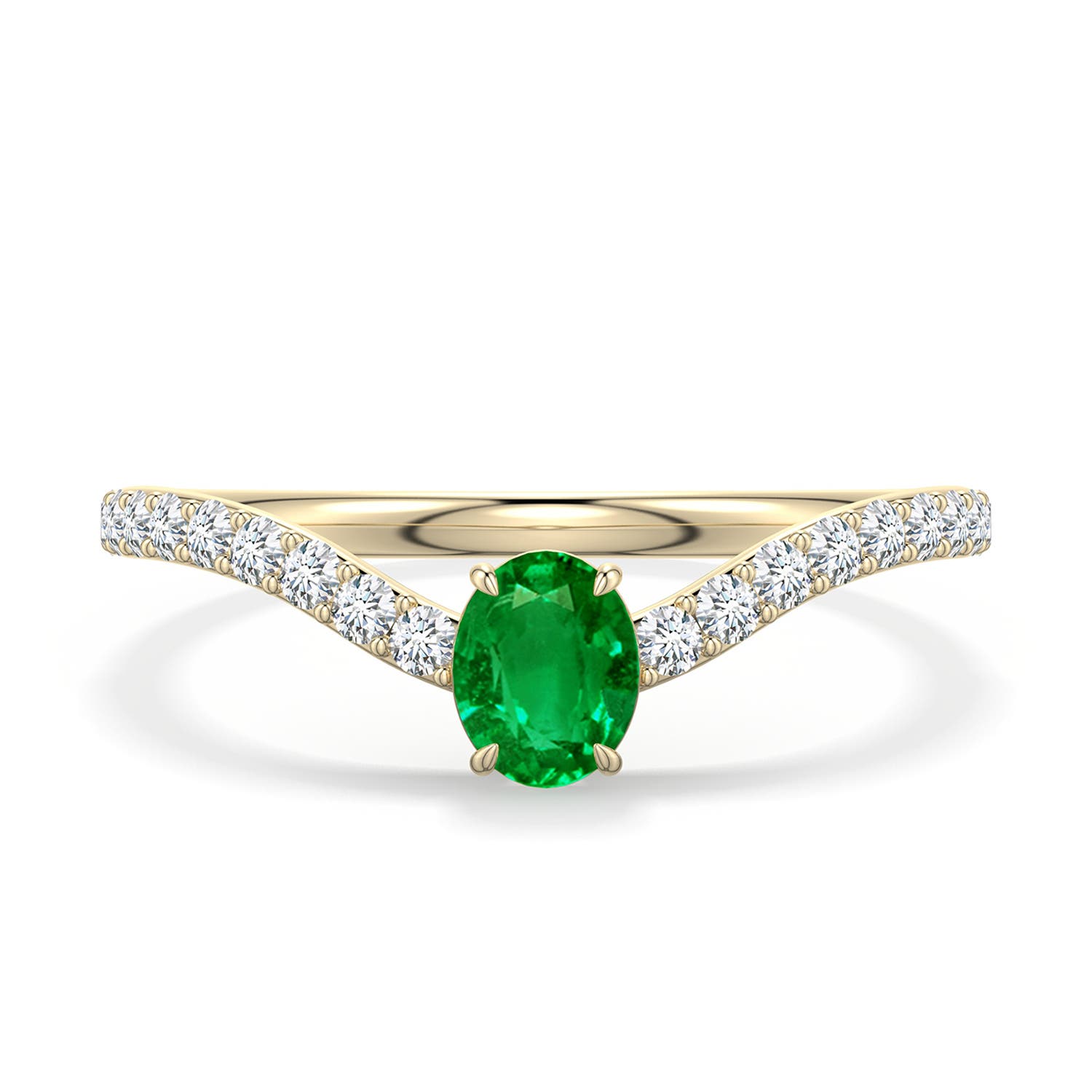 5x4mm AAAA Oval Emerald Curved Engagement Ring with Accents in Yellow Gold - main