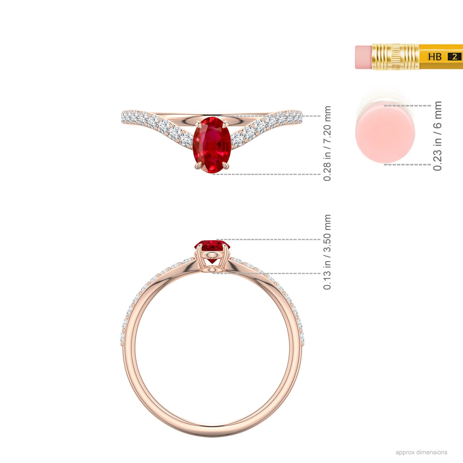 6x4mm AAA Oval Ruby Curved Engagement Ring with Accents in Rose Gold - ruler - ruler