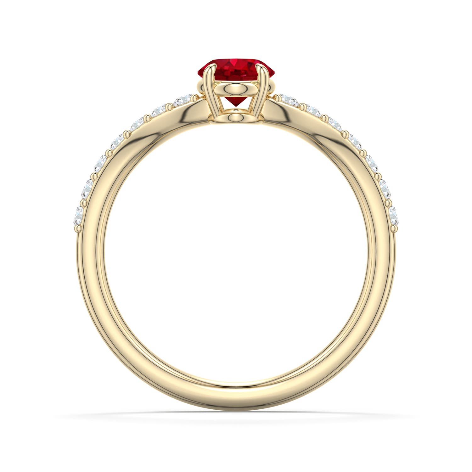 7x5mm AAA Oval Ruby Curved Engagement Ring with Accents in Yellow Gold - side 1