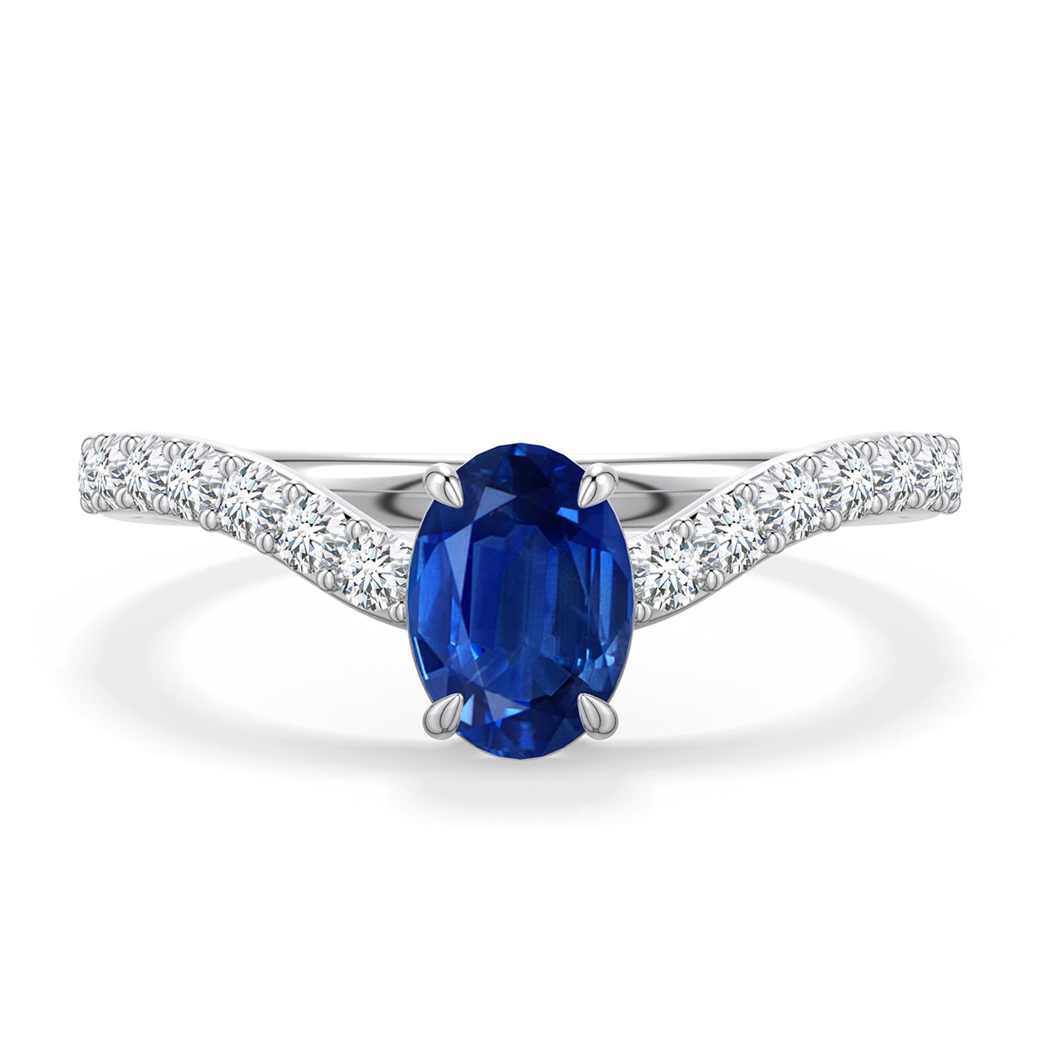 7x5mm AAA Oval Blue Sapphire Curved Engagement Ring with Accents in White Gold - main