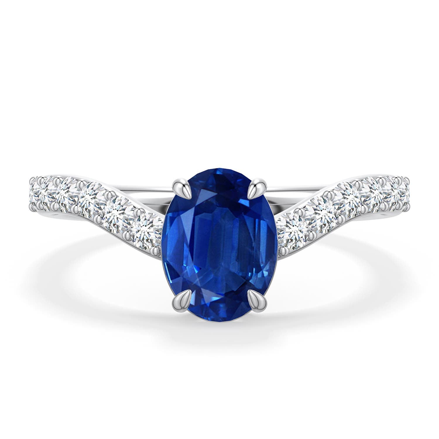 8x6mm AAA Oval Blue Sapphire Curved Engagement Ring with Accents in White Gold - main