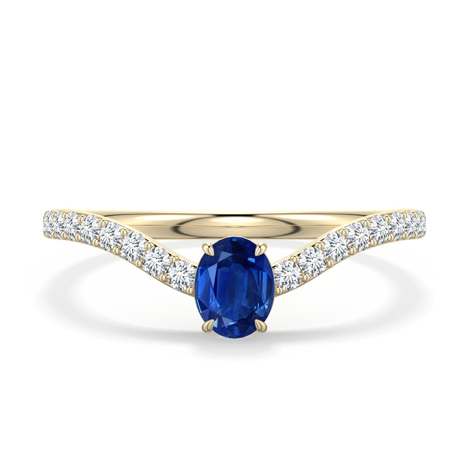 5x4mm AAA Oval Blue Sapphire Curved Engagement Ring with Accents in Yellow Gold - main