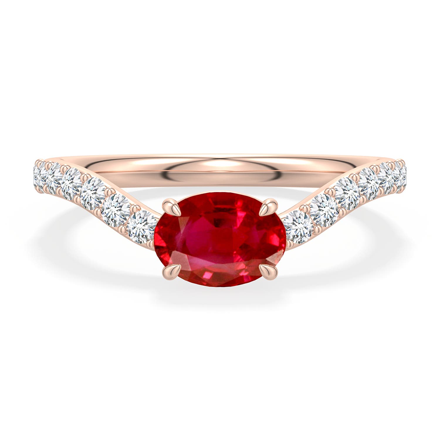 7x5mm AAA East-West Oval Ruby Curved Engagement Ring with Accents in Rose Gold - main