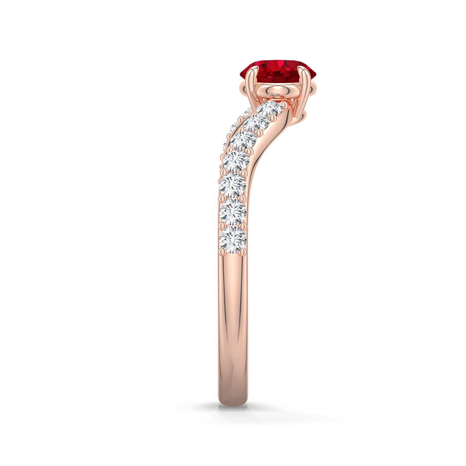 7x5mm AAA East-West Oval Ruby Curved Engagement Ring with Accents in Rose Gold - side 2 - side 3