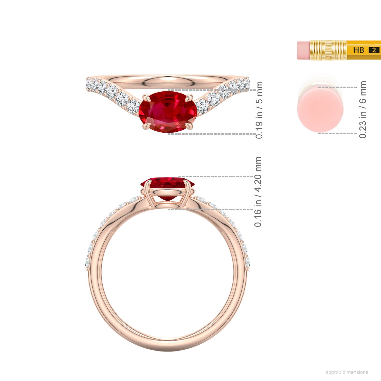 7x5mm AAA East-West Oval Ruby Curved Engagement Ring with Accents in Rose Gold - ruler - ruler